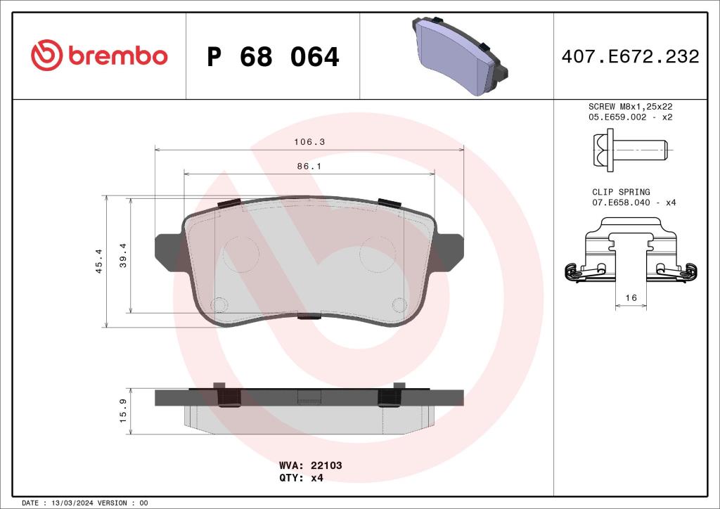 Jogo de 4 pastilhas de travão BREMBO ref. P 68 064