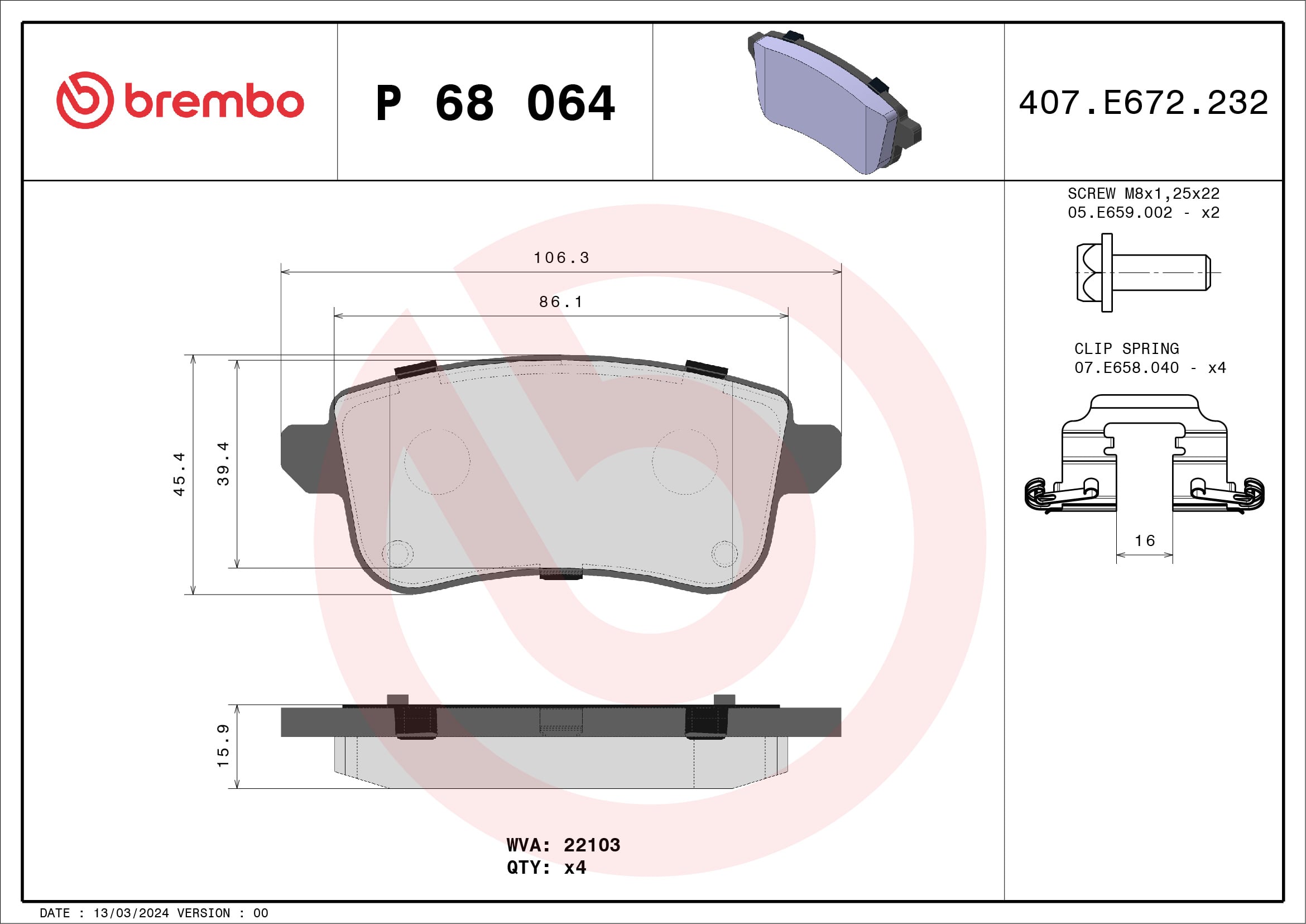 Jogo de 4 pastilhas de travão BREMBO ref. P 68 064
