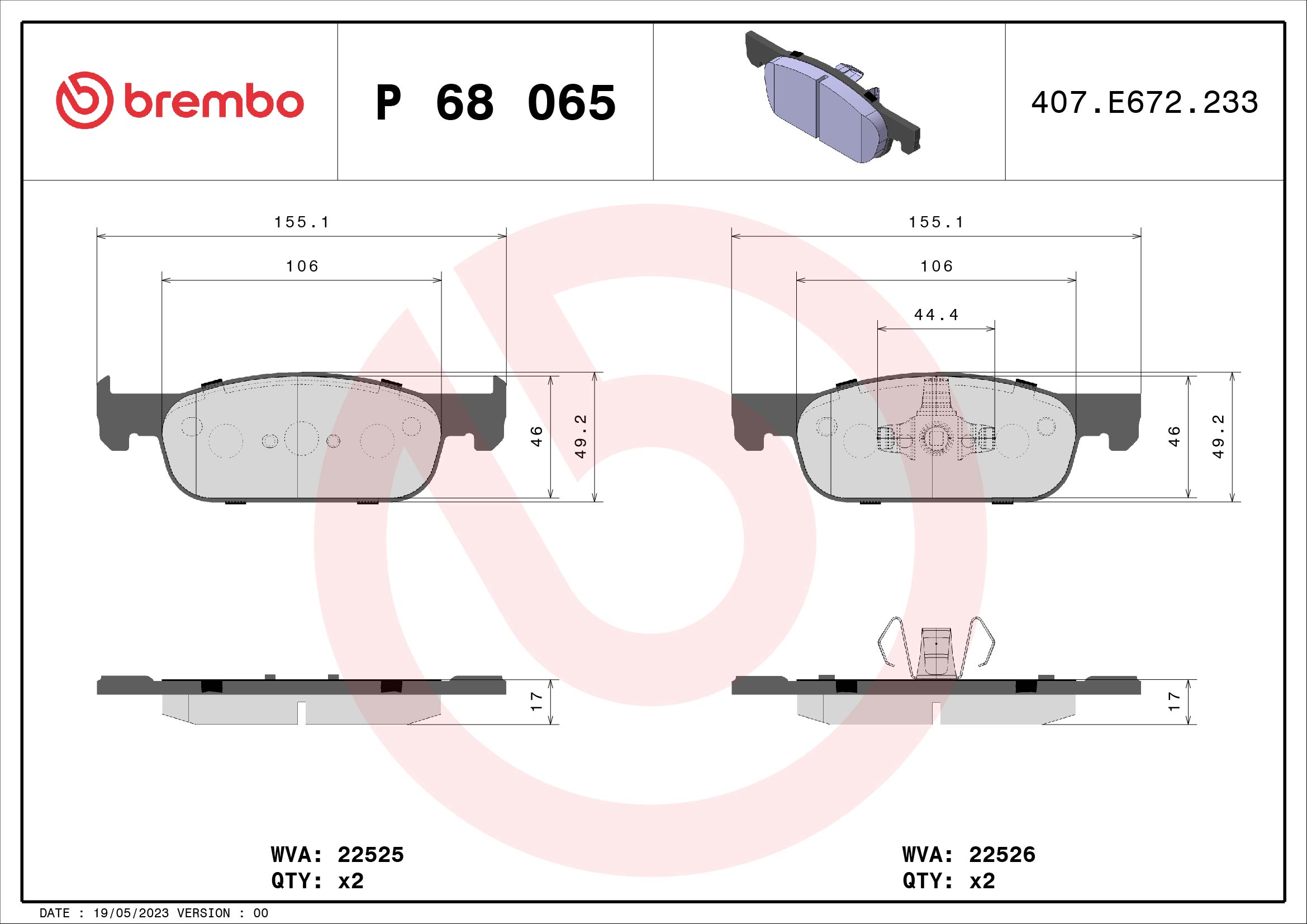Jeu de 4 plaquettes de frein BREMBO ref. P 68 065