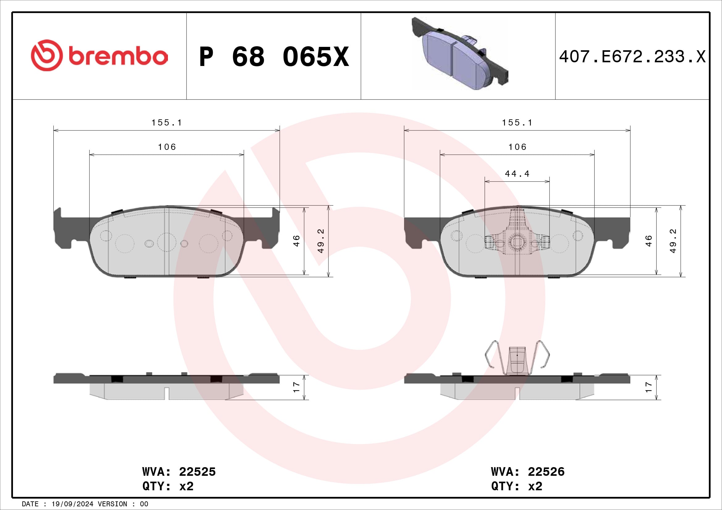 Jogo de 4 pastilhas de travão BREMBO ref. P 68 065X
