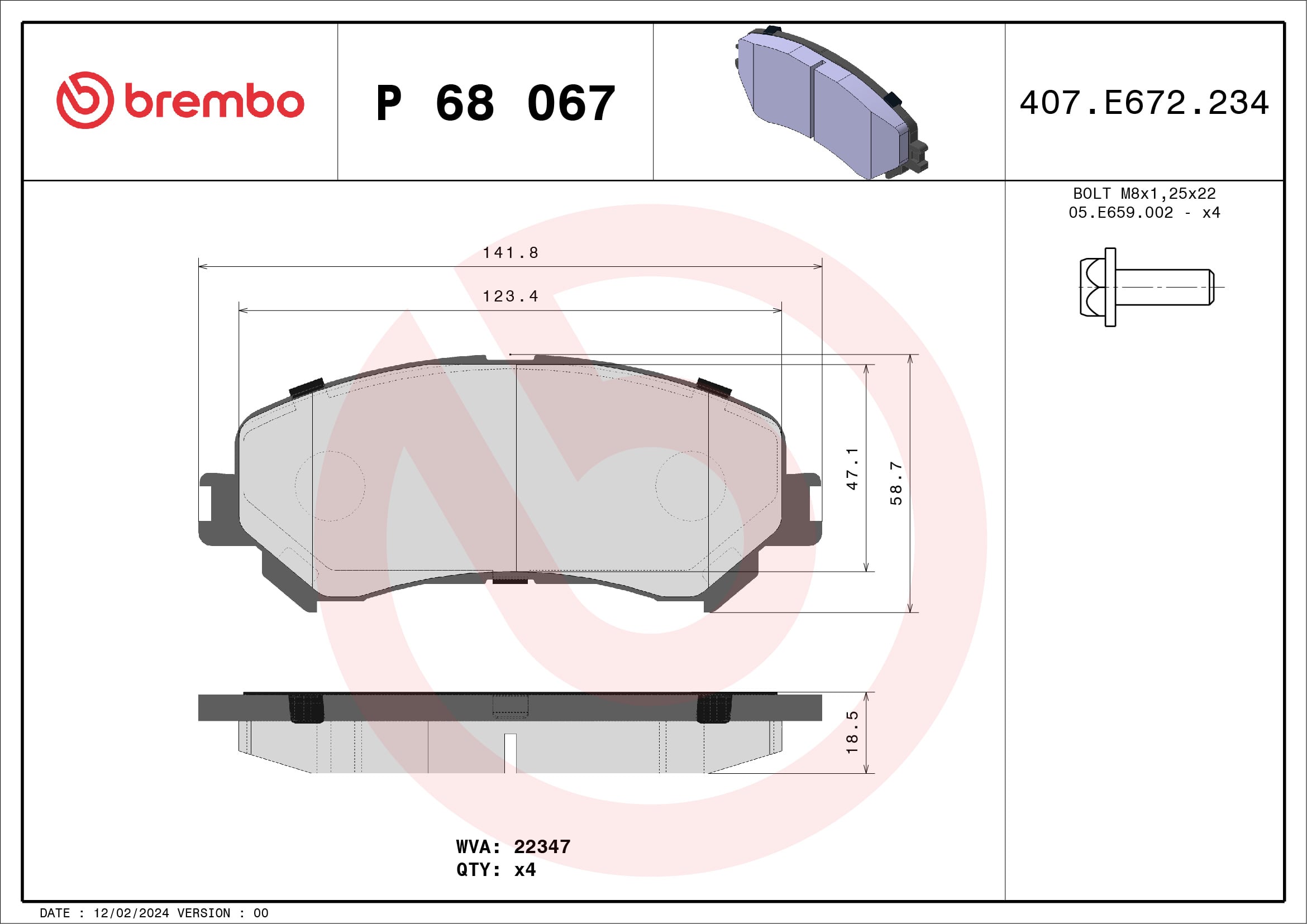 Jeu de 4 plaquettes de frein BREMBO ref. P 68 067