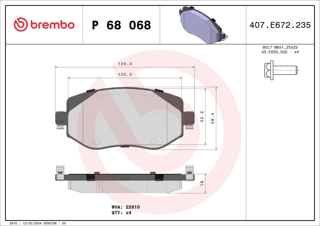 Jogo de 4 pastilhas de travão BREMBO ref. P 68 068