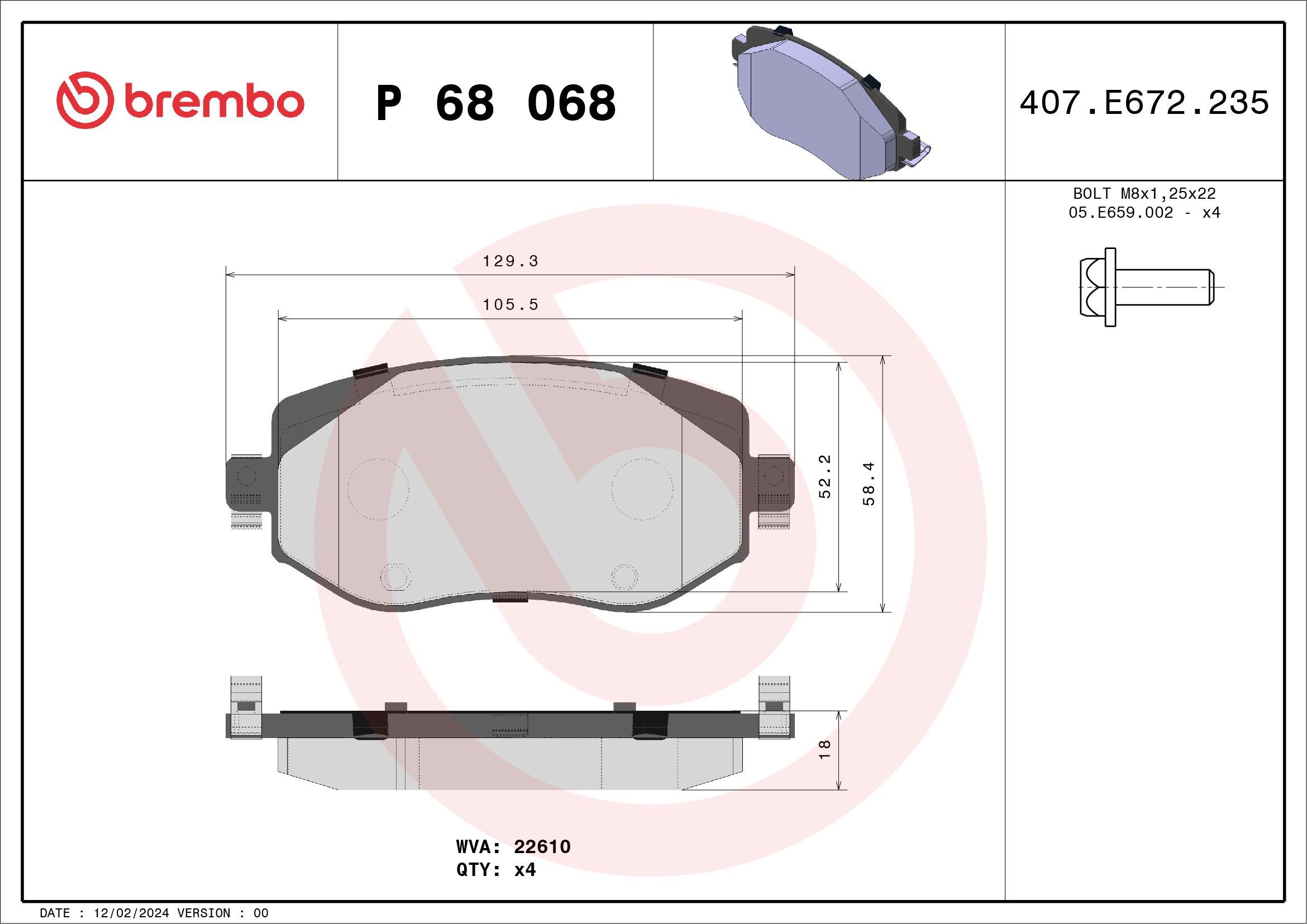 Jogo de 4 pastilhas de travão BREMBO ref. P 68 068
