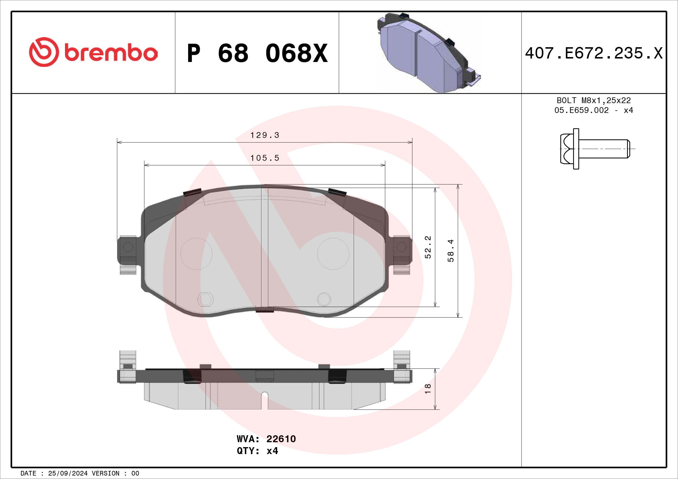 Jogo de 4 pastilhas de travão BREMBO ref. P 68 068X