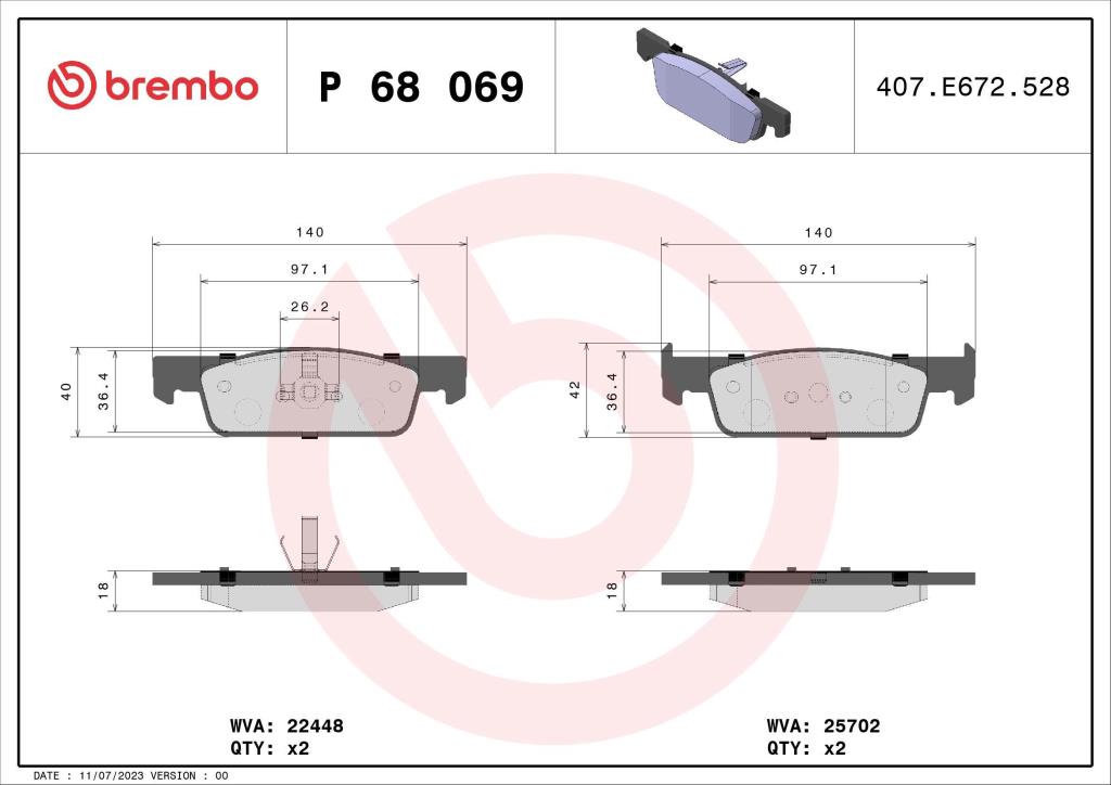 Jeu de 4 plaquettes de frein BREMBO ref. P 68 069