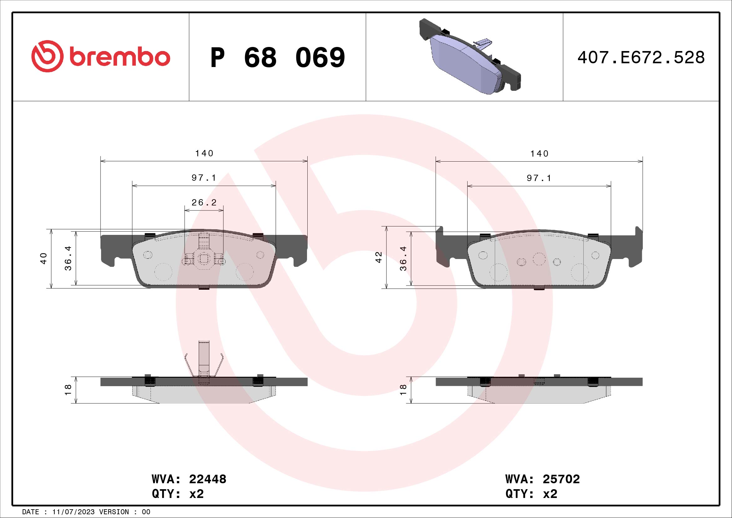 Jeu de 4 plaquettes de frein BREMBO ref. P 68 069