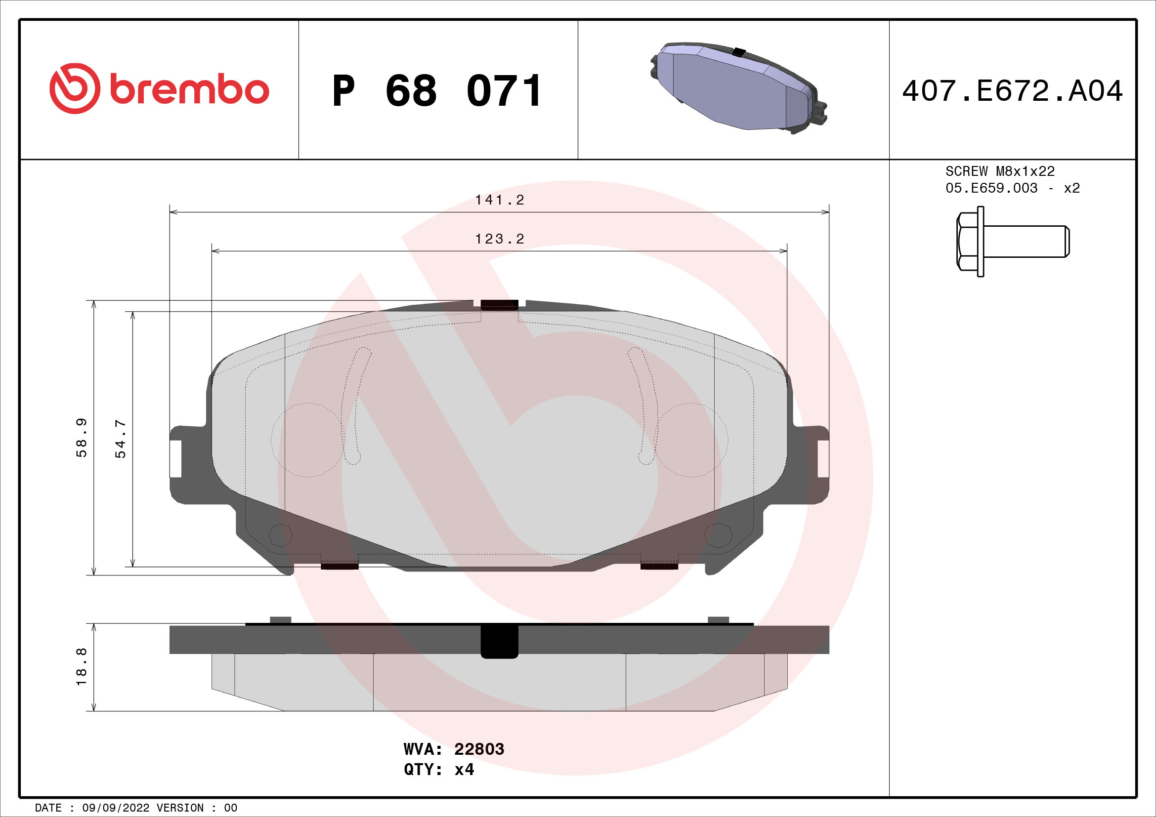 Jogo de 4 pastilhas de travão BREMBO ref. P 68 071