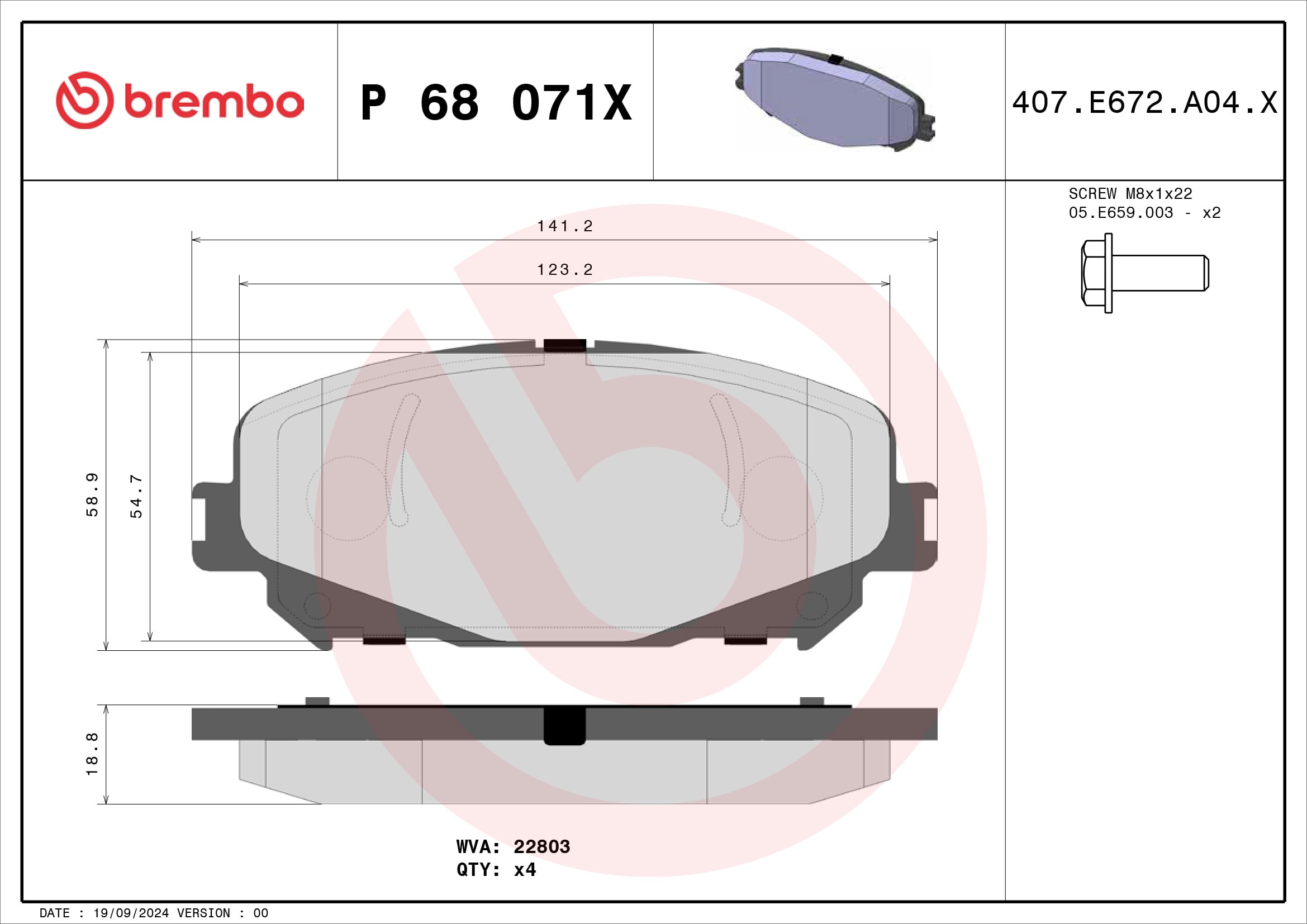 Jogo de 4 pastilhas de travão BREMBO ref. P 68 071X