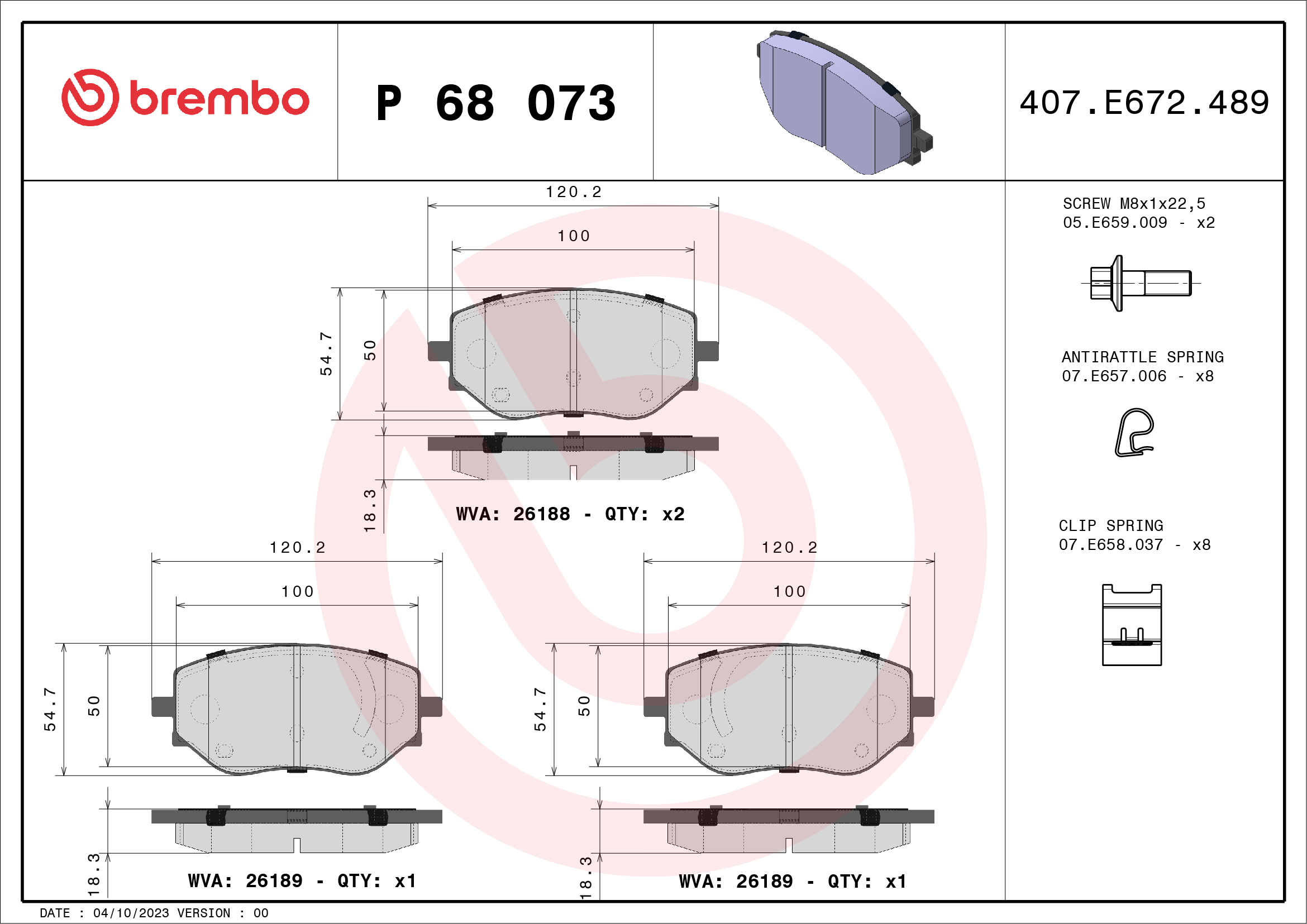 Jogo de 4 pastilhas de travão BREMBO ref. P 68 073