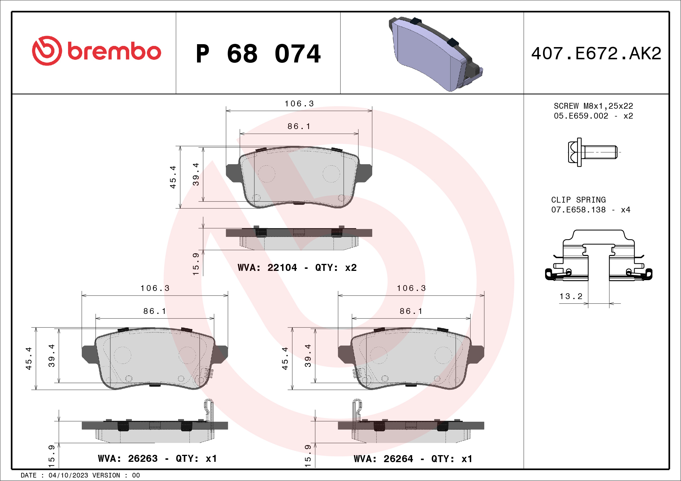 Jeu de 4 plaquettes de frein BREMBO ref. P 68 074