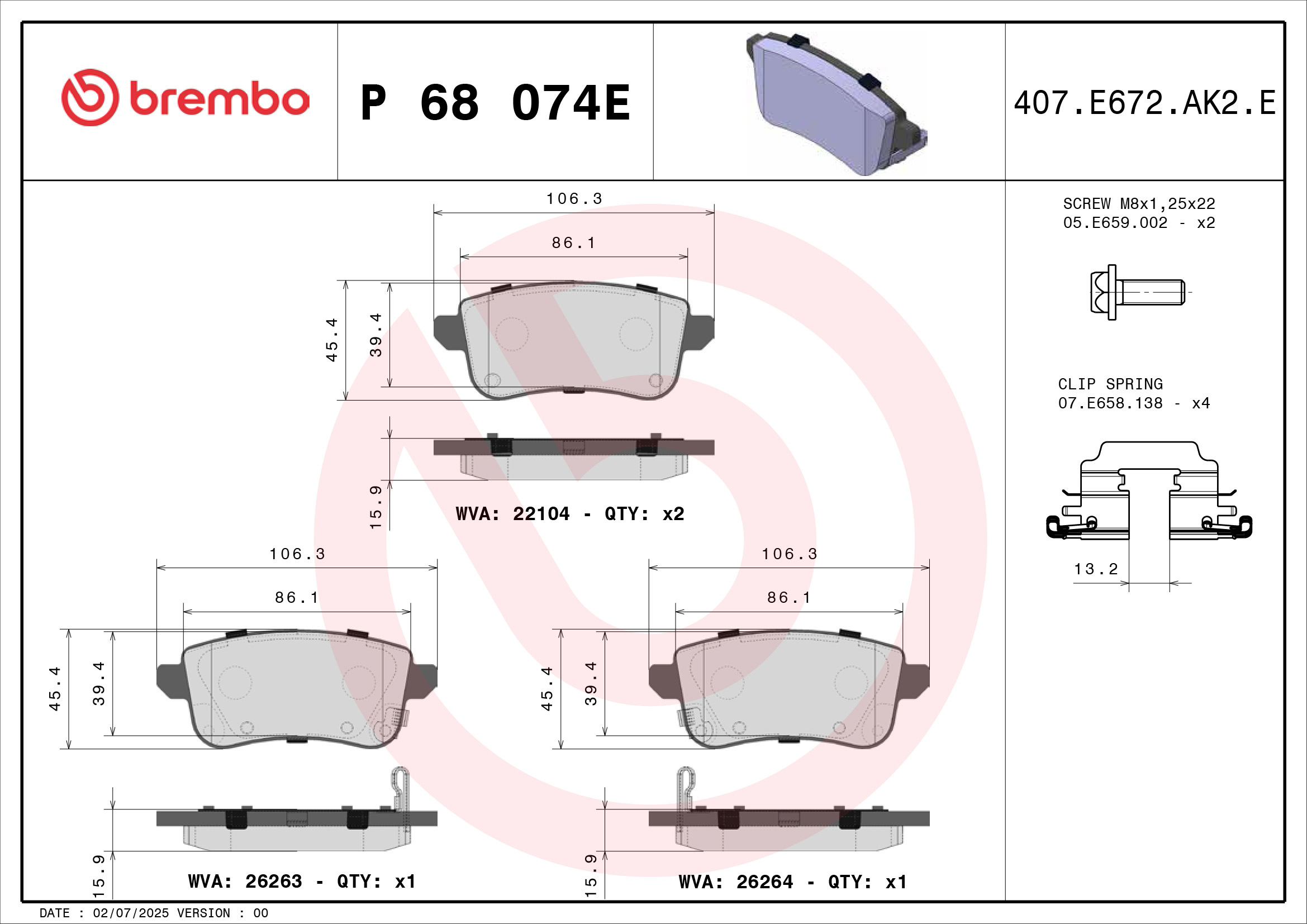 Jeu de 4 plaquettes de frein BREMBO ref. P 68 074E
