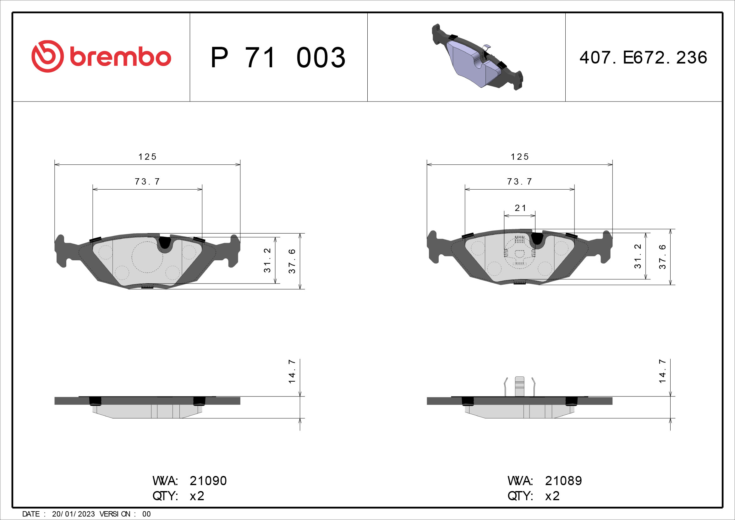 Jeu de 4 plaquettes de frein BREMBO ref. P 71 003