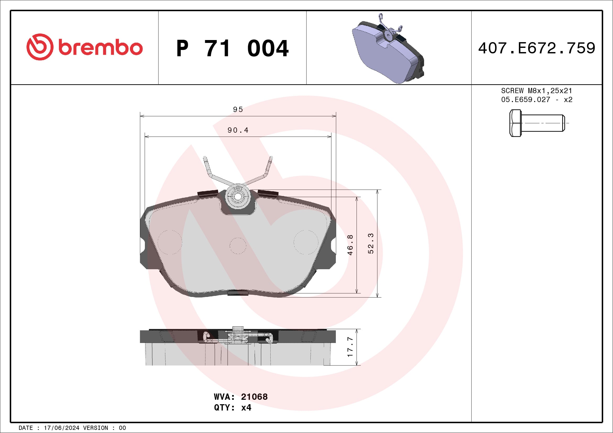 Jeu de 4 plaquettes de frein BREMBO ref. P 71 004