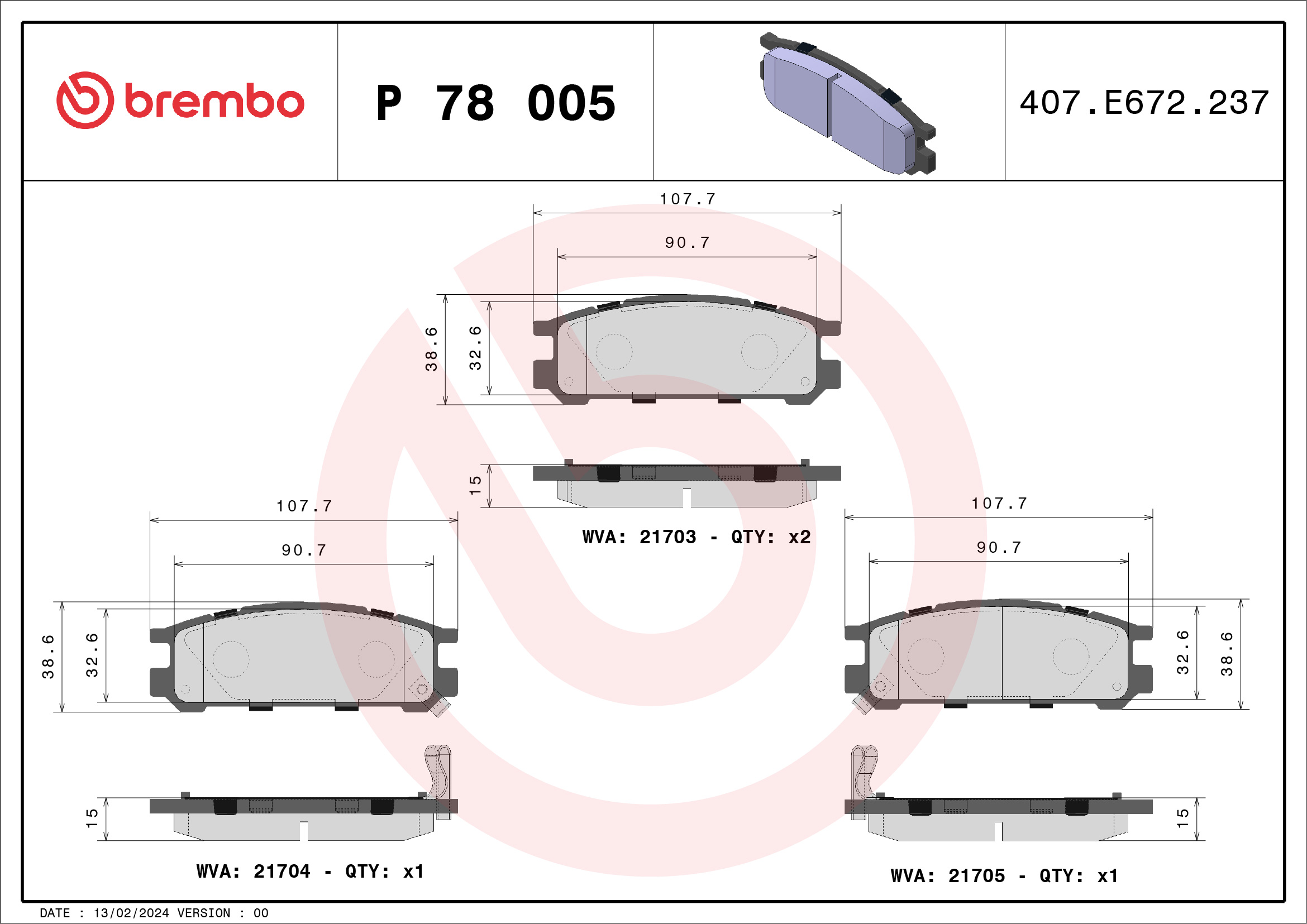 Jogo de 4 pastilhas de travão BREMBO ref. P 78 005