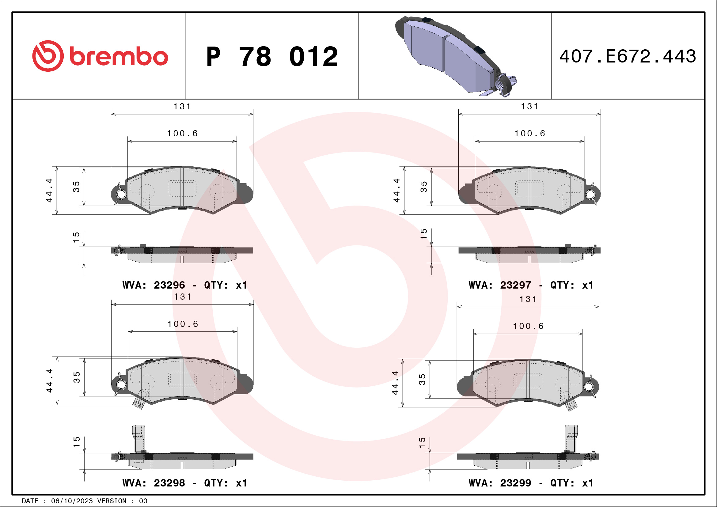 Jogo de 4 pastilhas de travão BREMBO ref. P 78 012