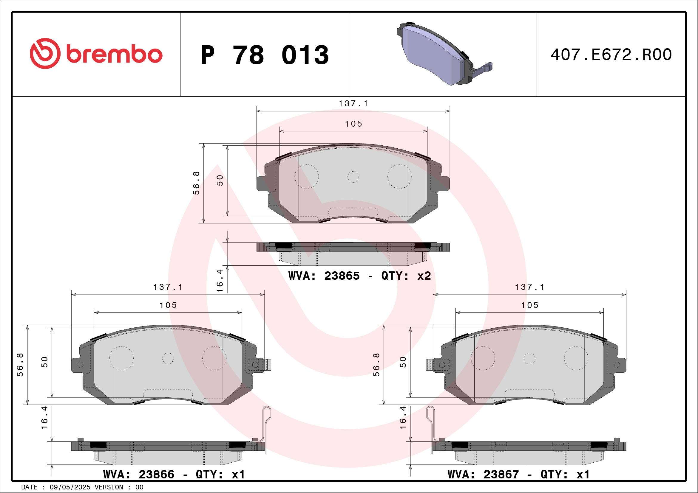 Jogo de 4 pastilhas de travão BREMBO ref. P 78 013