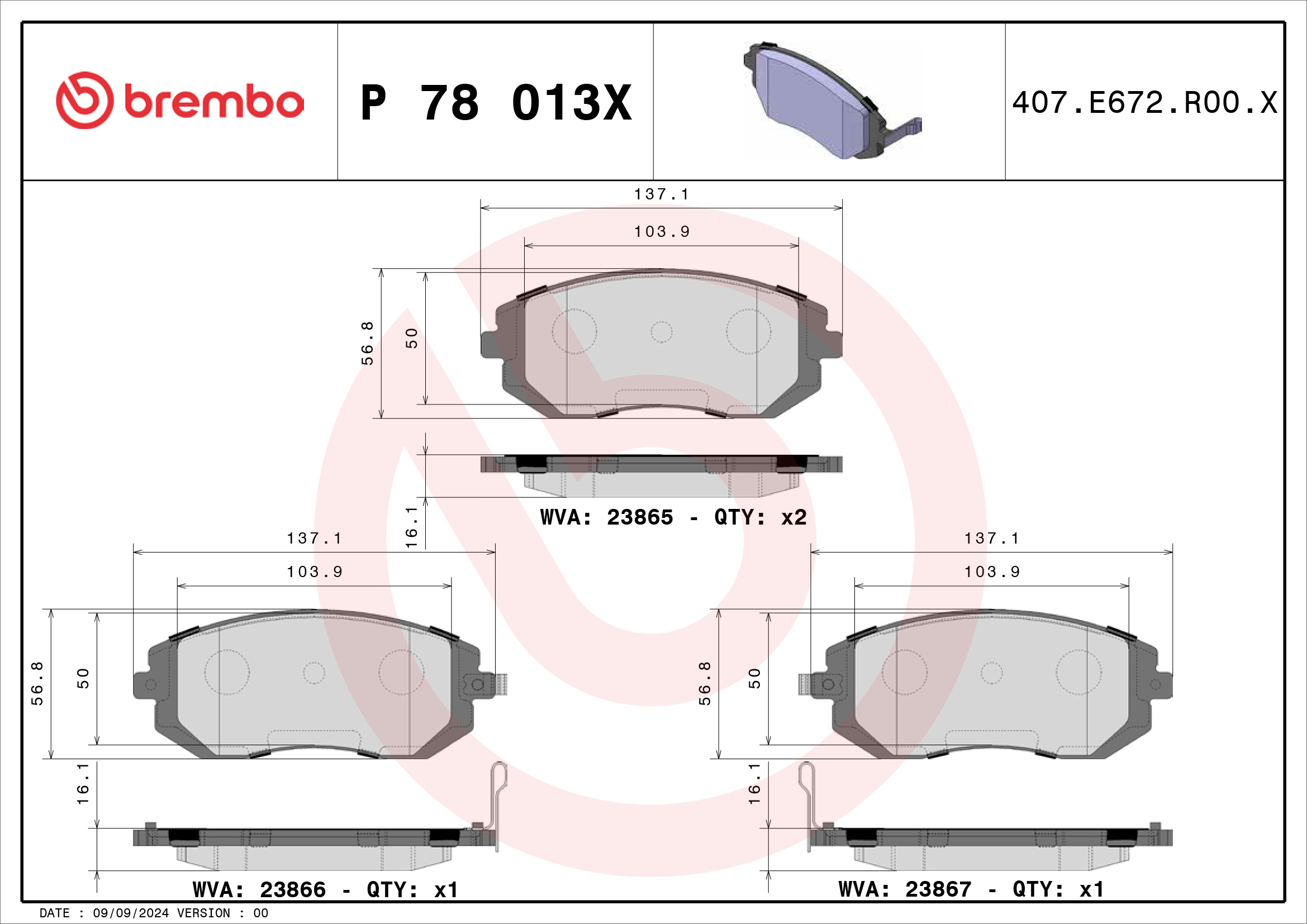 Jogo de 4 pastilhas de travão BREMBO ref. P 78 013X