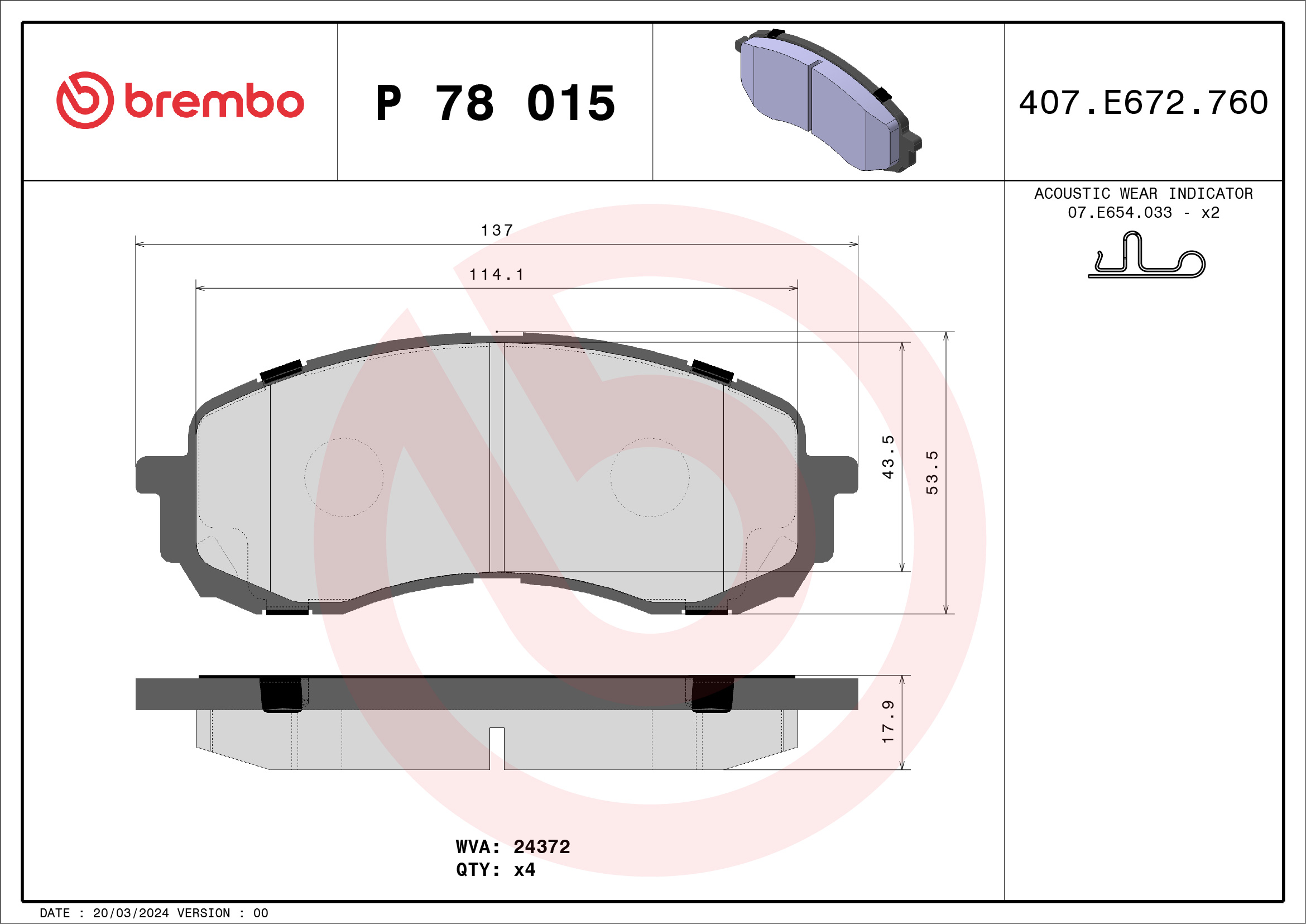 Jogo de 4 pastilhas de travão BREMBO ref. P 78 015