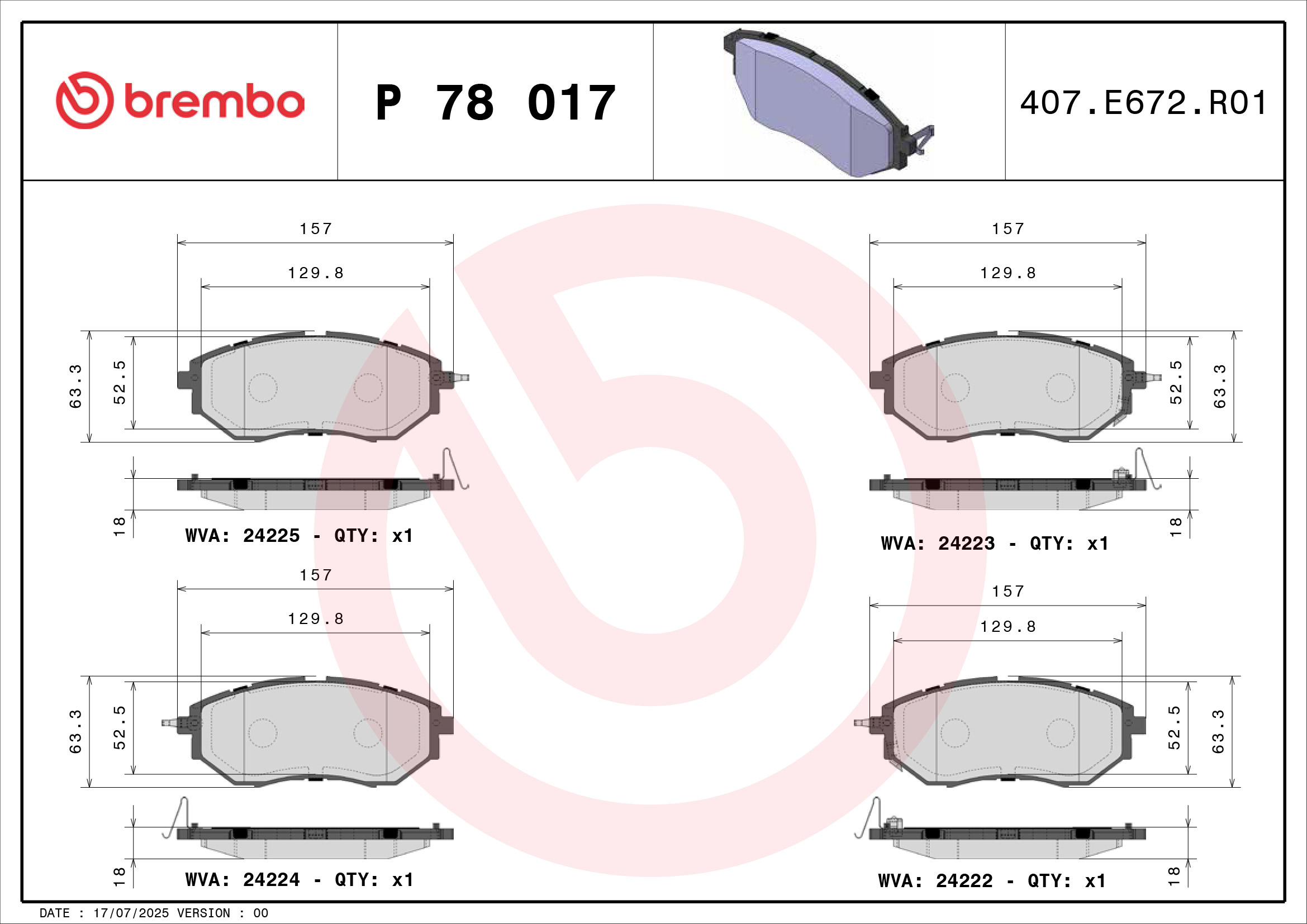 Jogo de 4 pastilhas de travão BREMBO ref. P 78 017