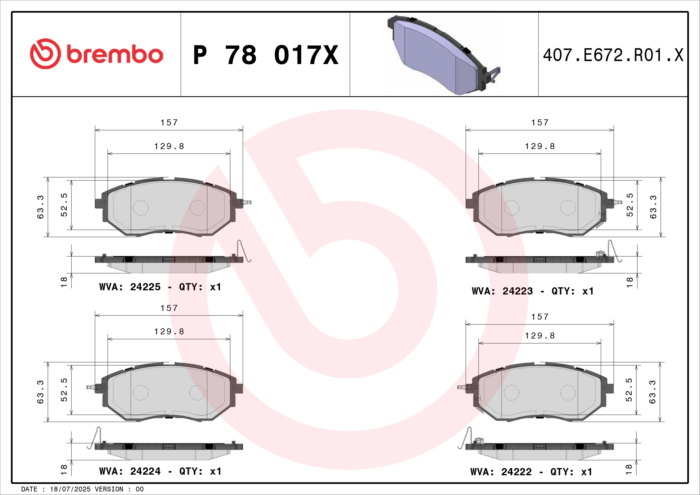 Jogo de 4 pastilhas de travão BREMBO ref. P 78 017X