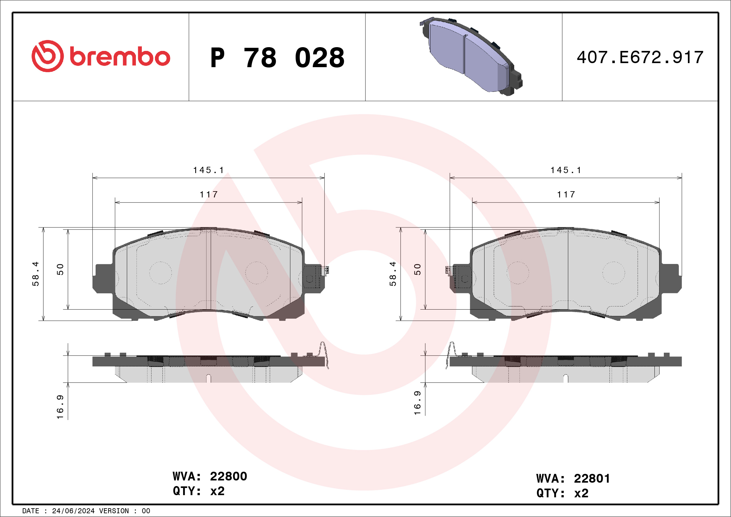 Jeu de 4 plaquettes de frein BREMBO ref. P 78 028