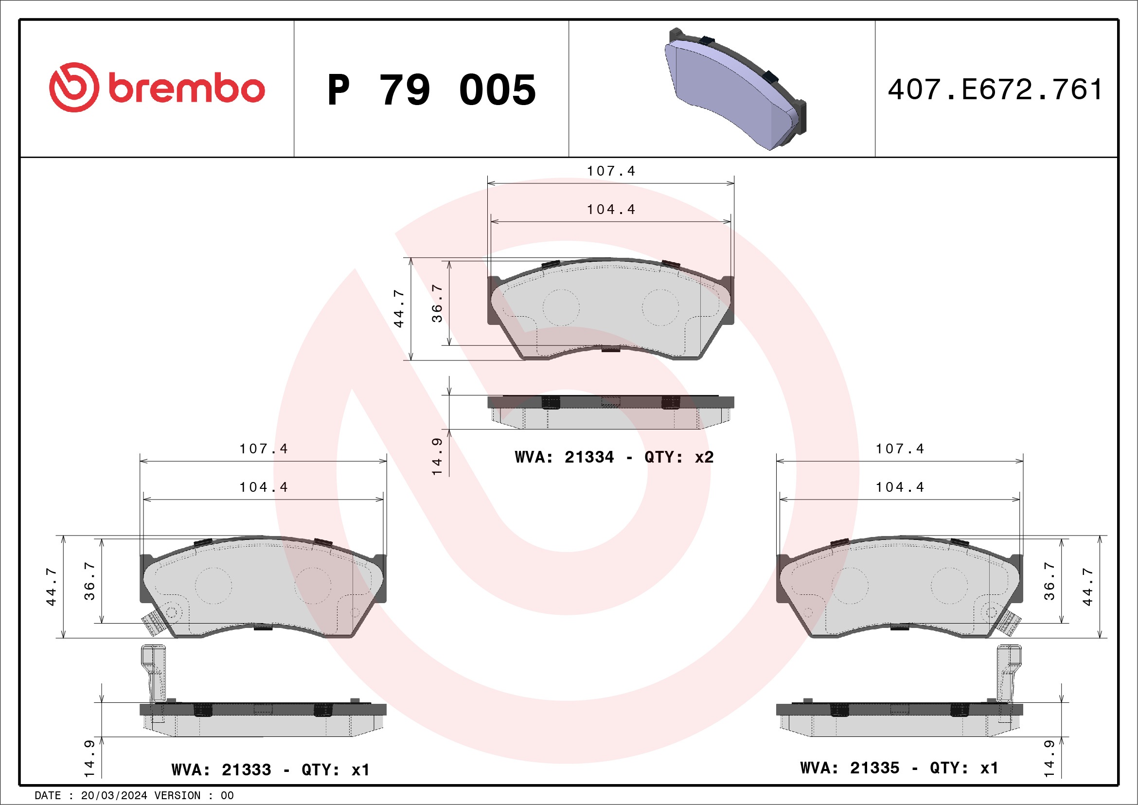 Jeu de 4 plaquettes de frein BREMBO ref. P 79 005