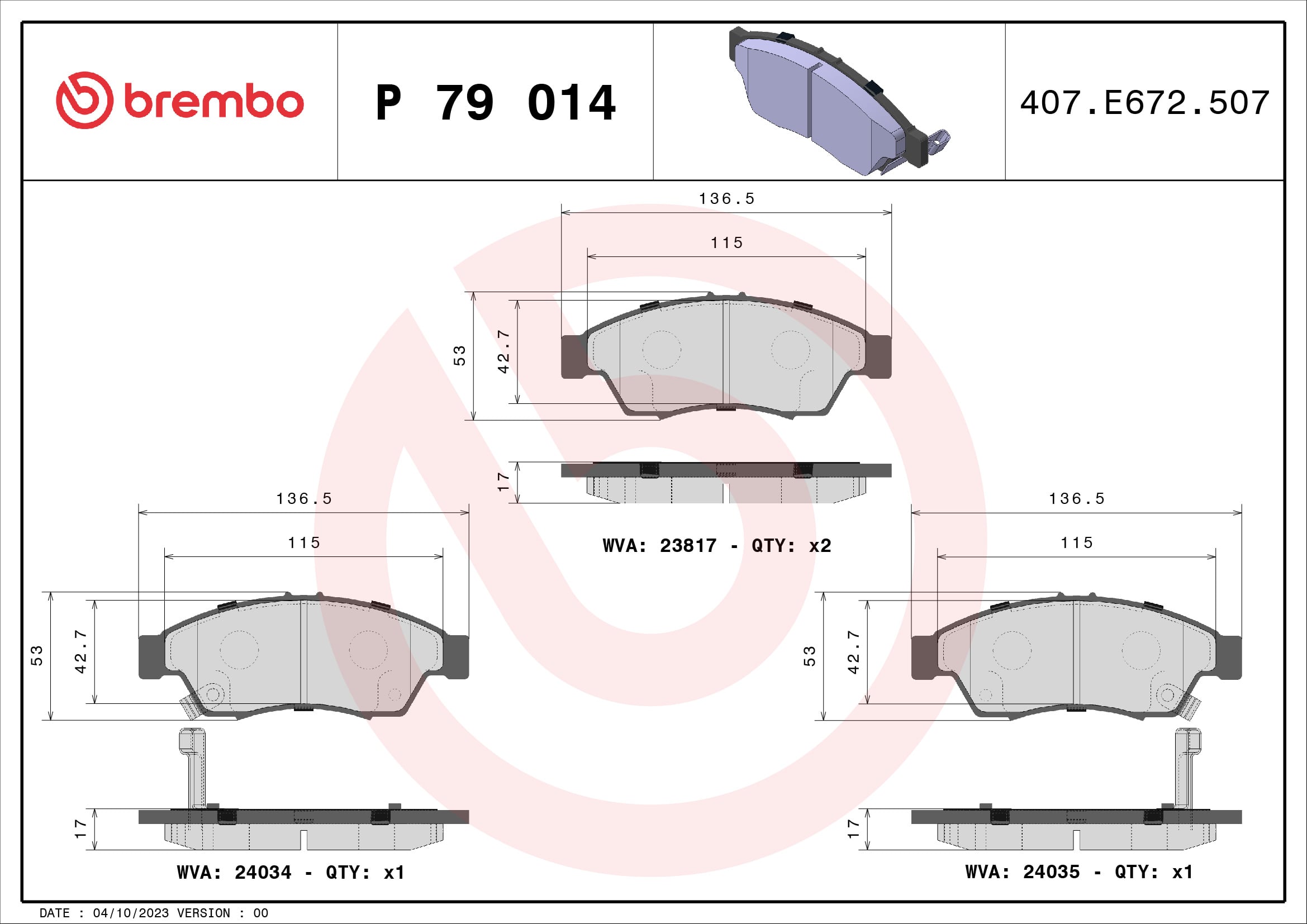 Jeu de 4 plaquettes de frein BREMBO ref. P 79 014