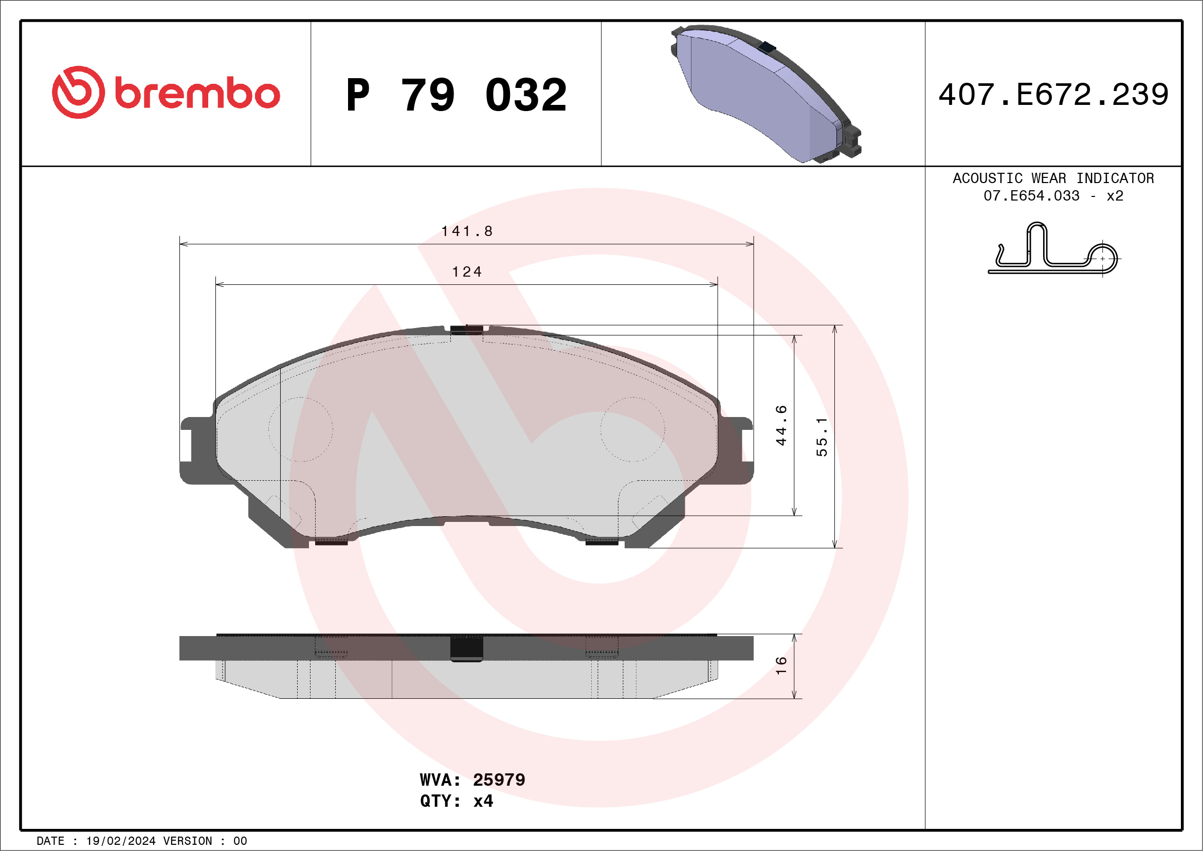 Jeu de 4 plaquettes de frein BREMBO ref. P 79 032