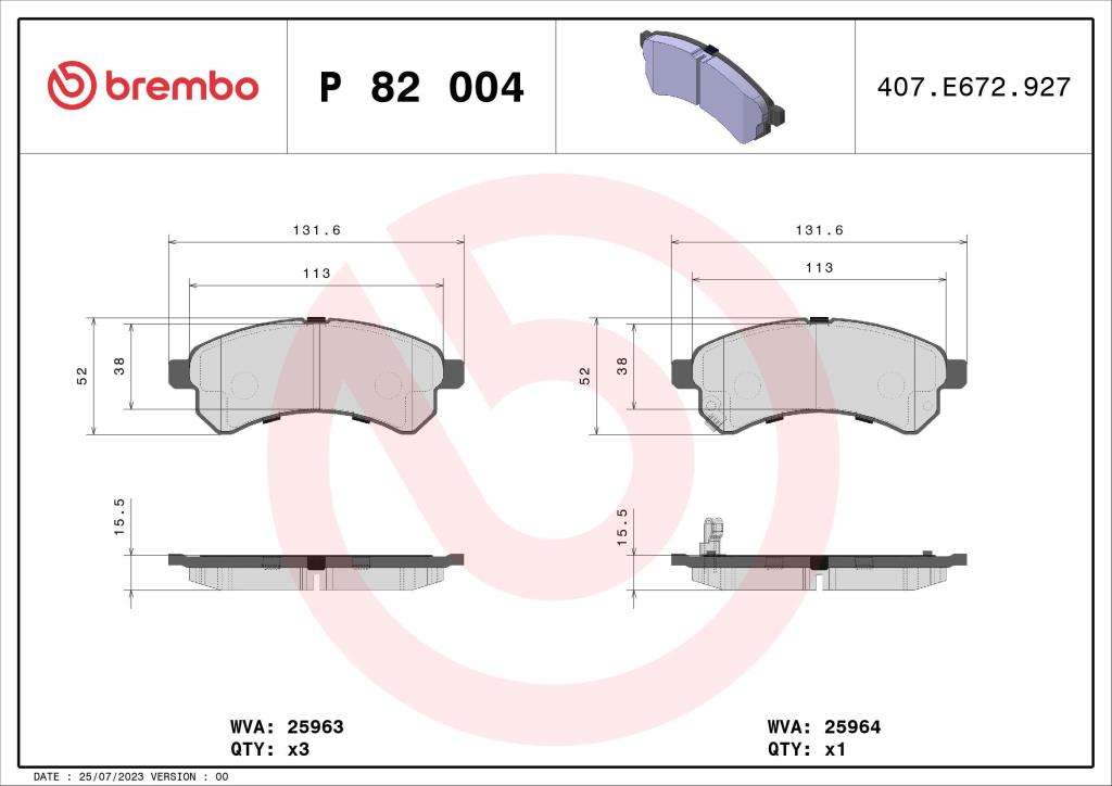 Jogo de 4 pastilhas de travão BREMBO P 82 004