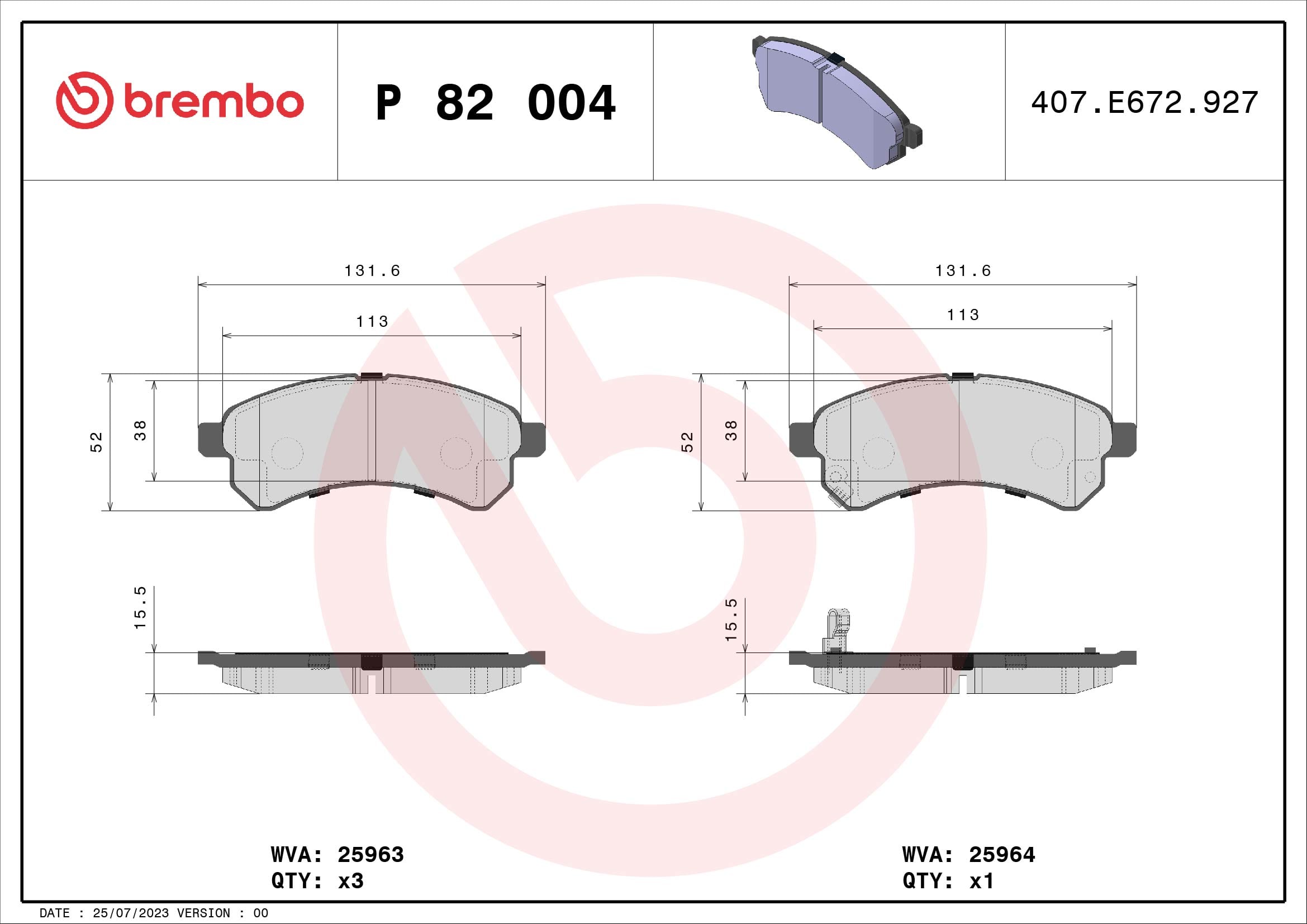 Jogo de 4 pastilhas de travão BREMBO P 82 004
