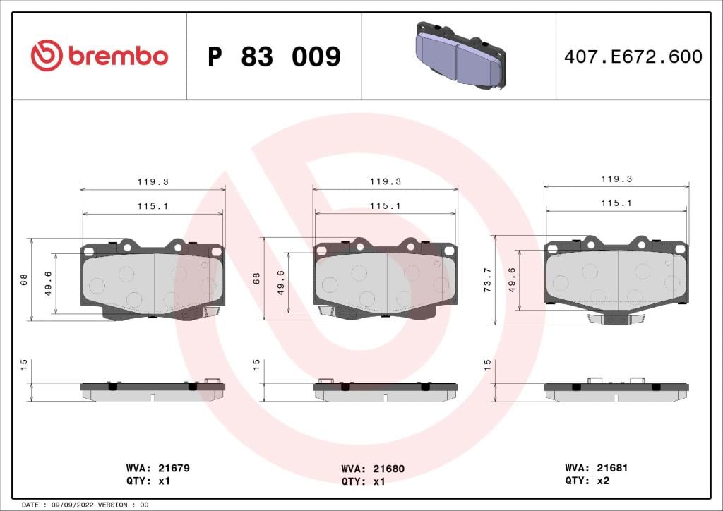 Jogo de 4 pastilhas de travão BREMBO ref. P 83 009