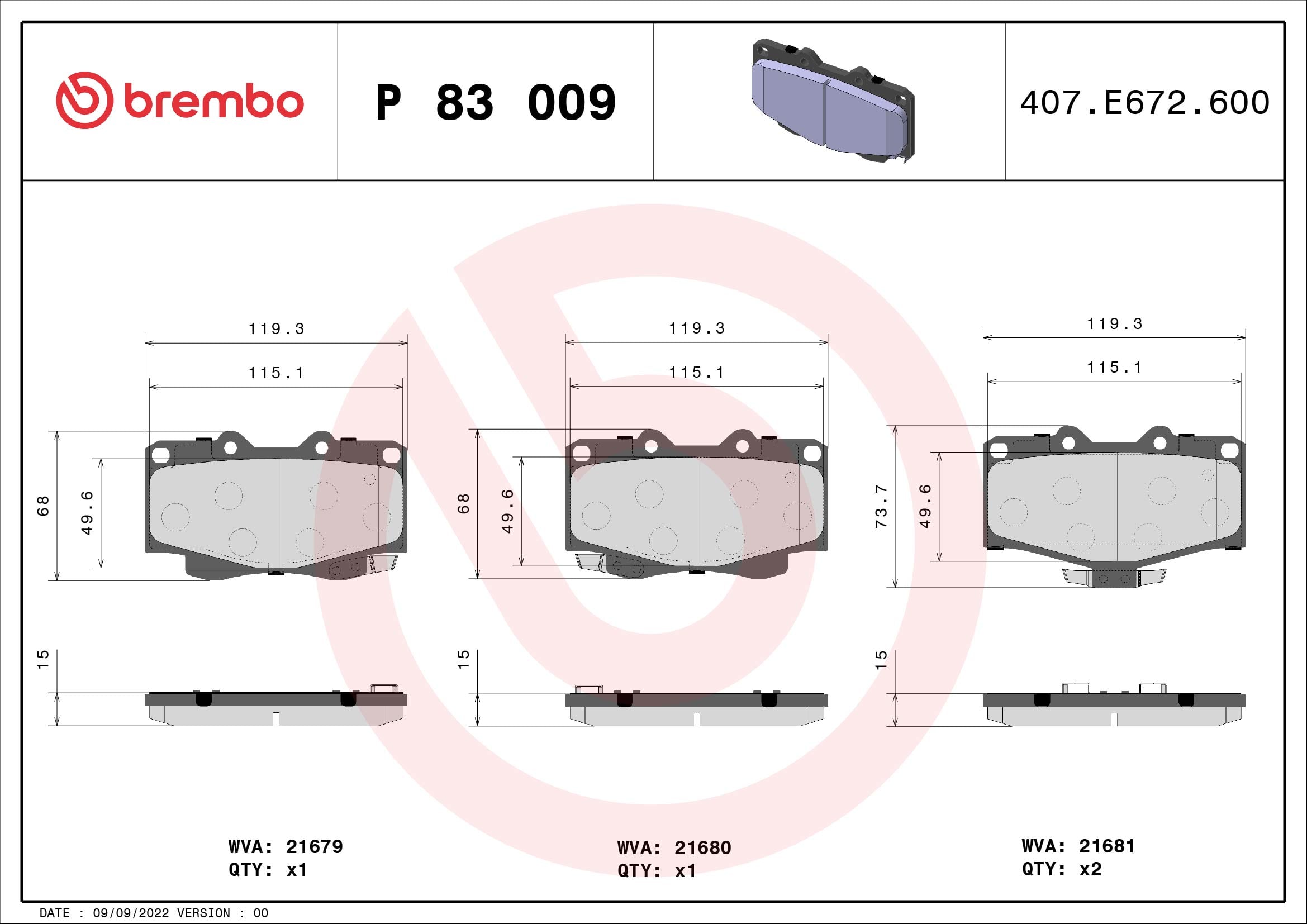 Jogo de 4 pastilhas de travão BREMBO ref. P 83 009