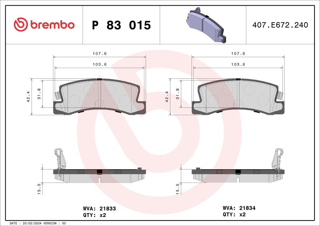 Jogo de 4 pastilhas de travão BREMBO ref. P 83 015