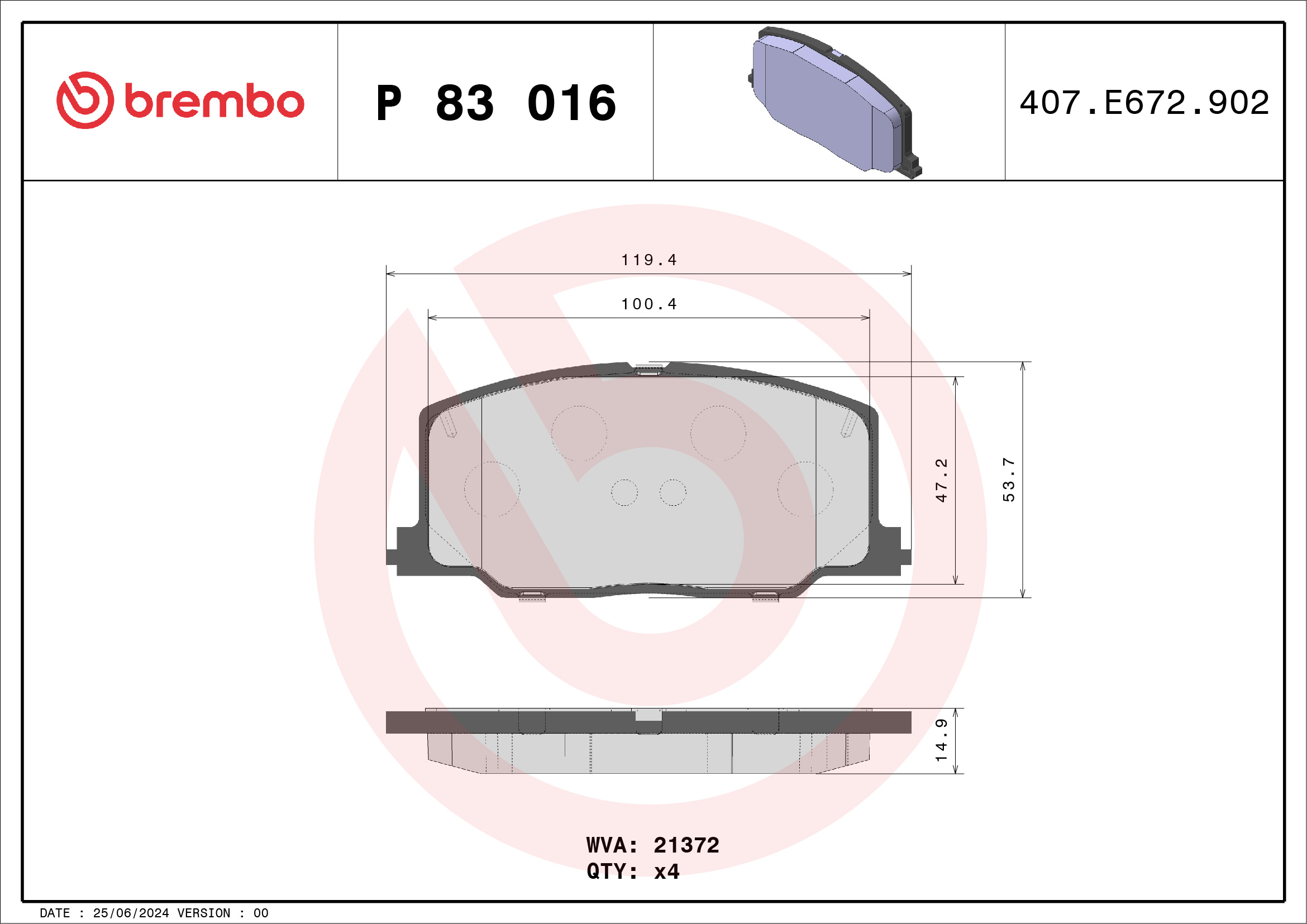 Jogo de 4 pastilhas de travão BREMBO ref. P 83 016