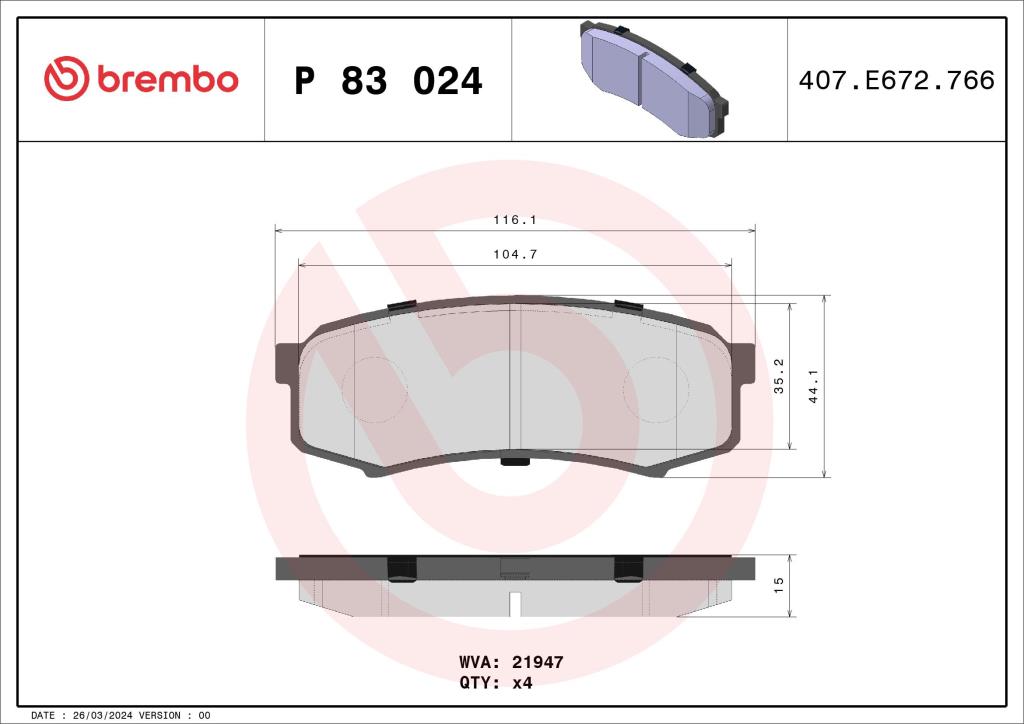 Jeu de 4 plaquettes de frein BREMBO ref. P 83 024