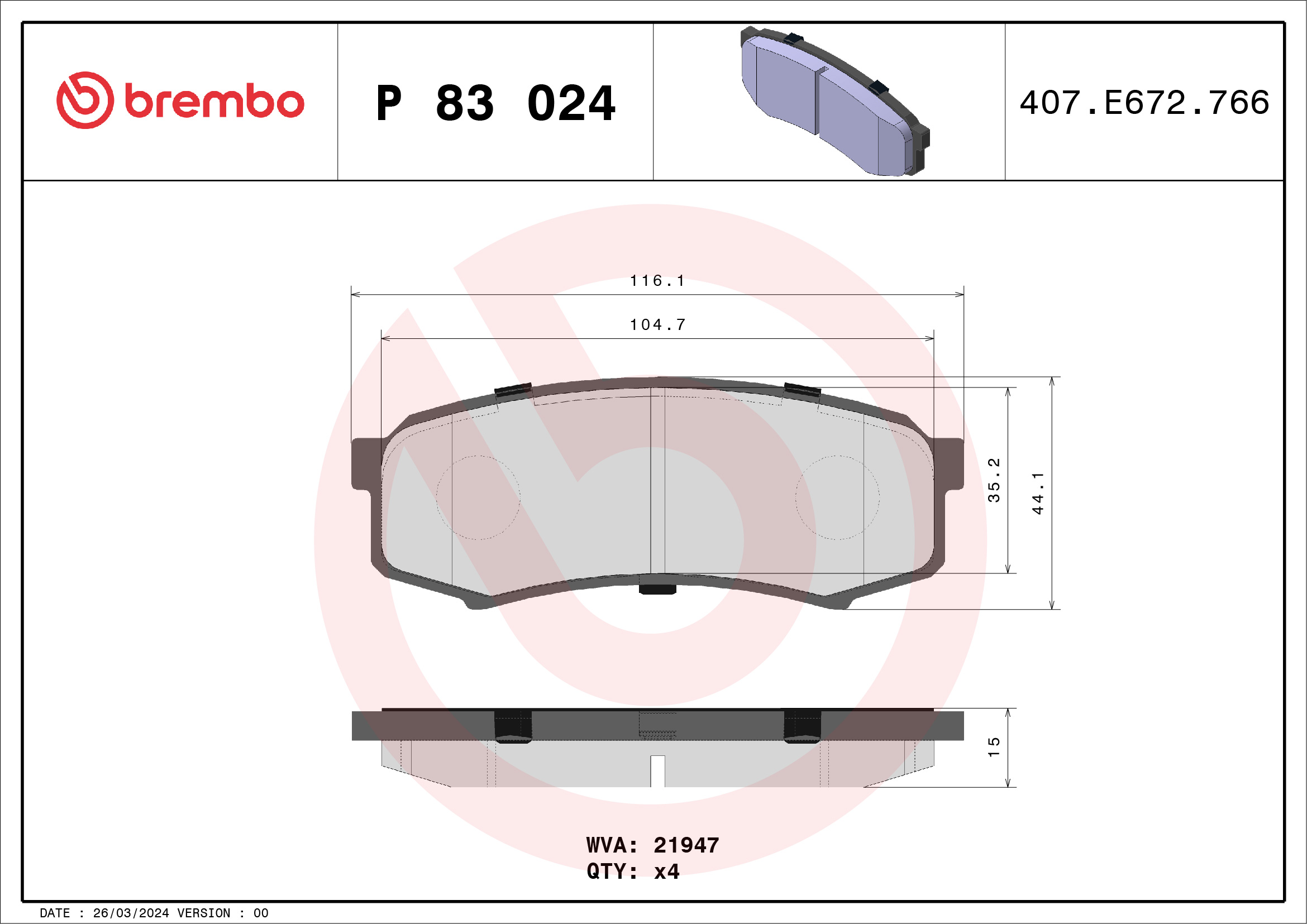 Jeu de 4 plaquettes de frein BREMBO ref. P 83 024