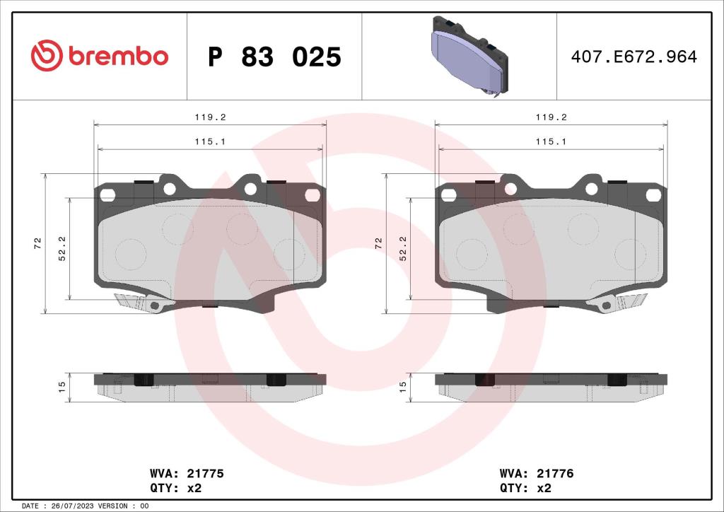 Jogo de 4 pastilhas de travão BREMBO ref. P 83 025