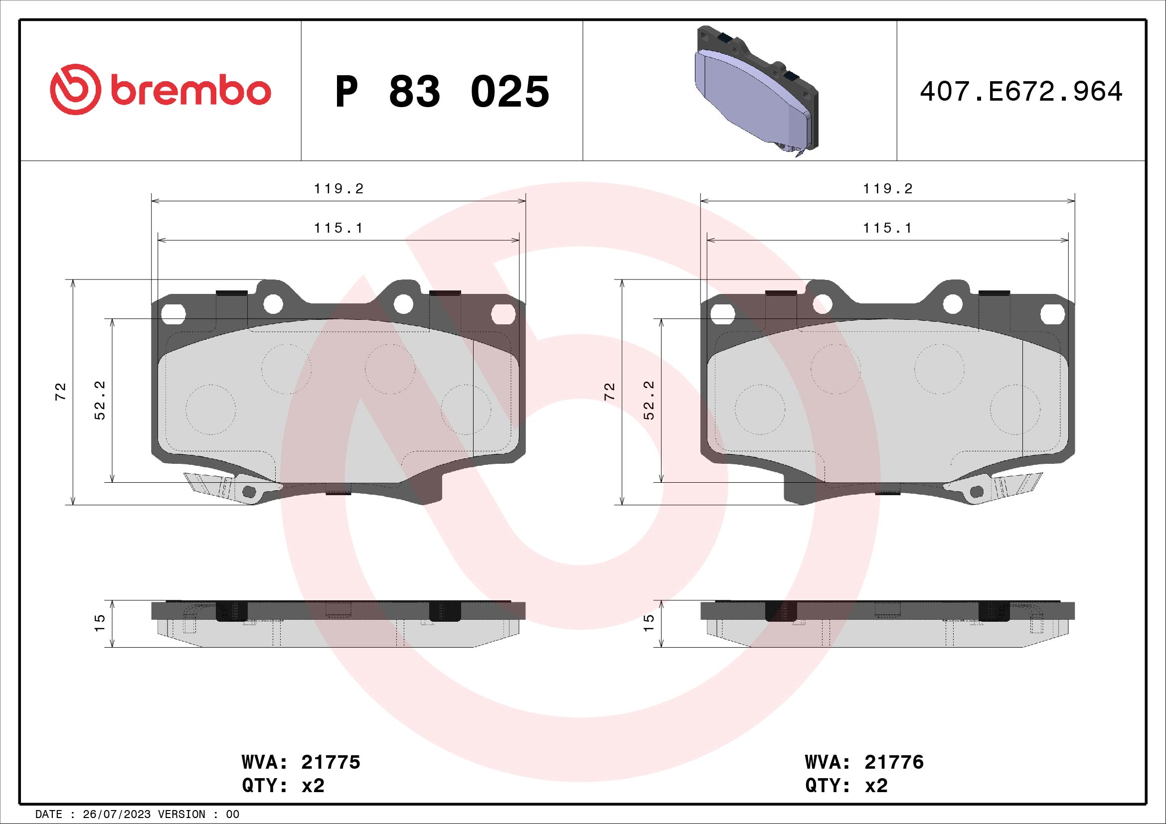 Jogo de 4 pastilhas de travão BREMBO ref. P 83 025
