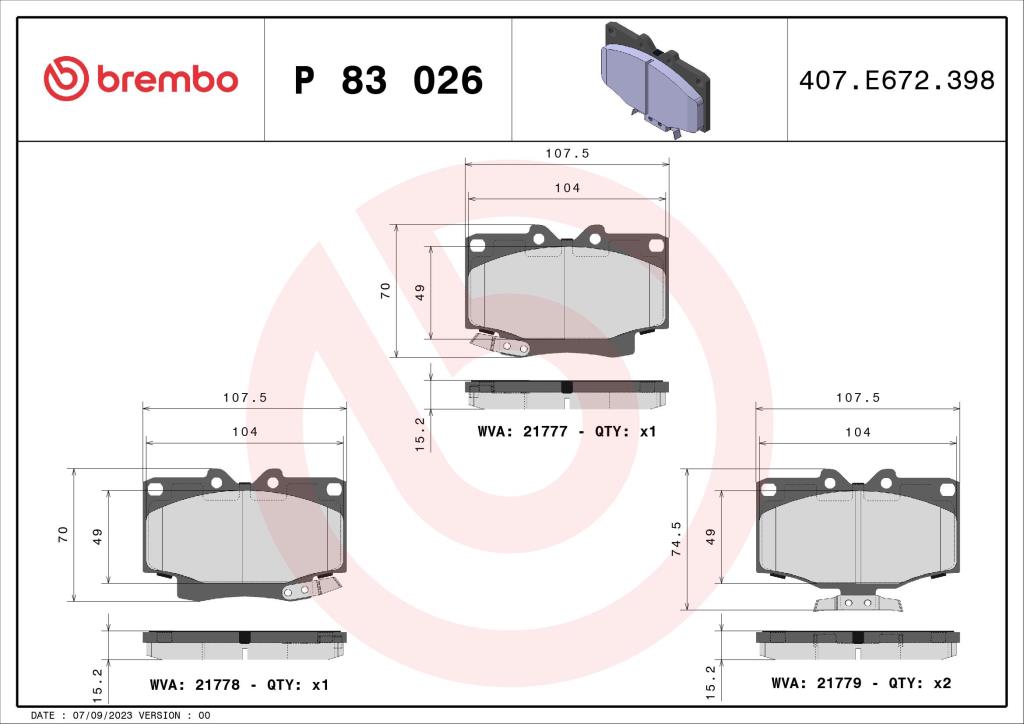 Jeu de 4 plaquettes de frein BREMBO ref. P 83 026