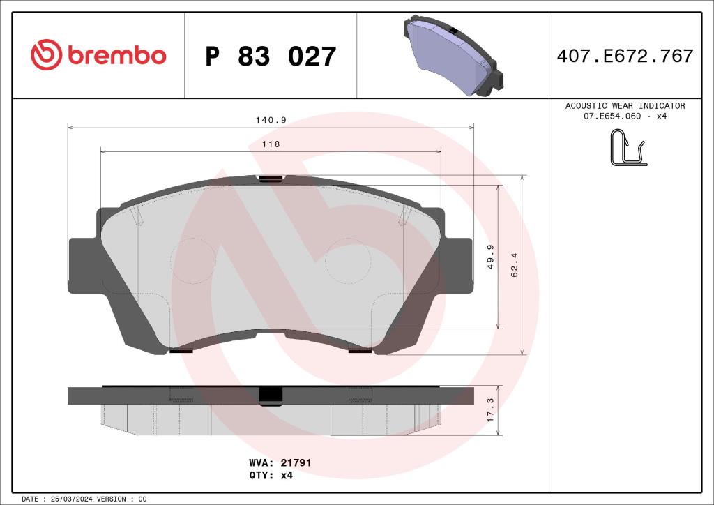 Jogo de 4 pastilhas de travão BREMBO ref. P 83 027