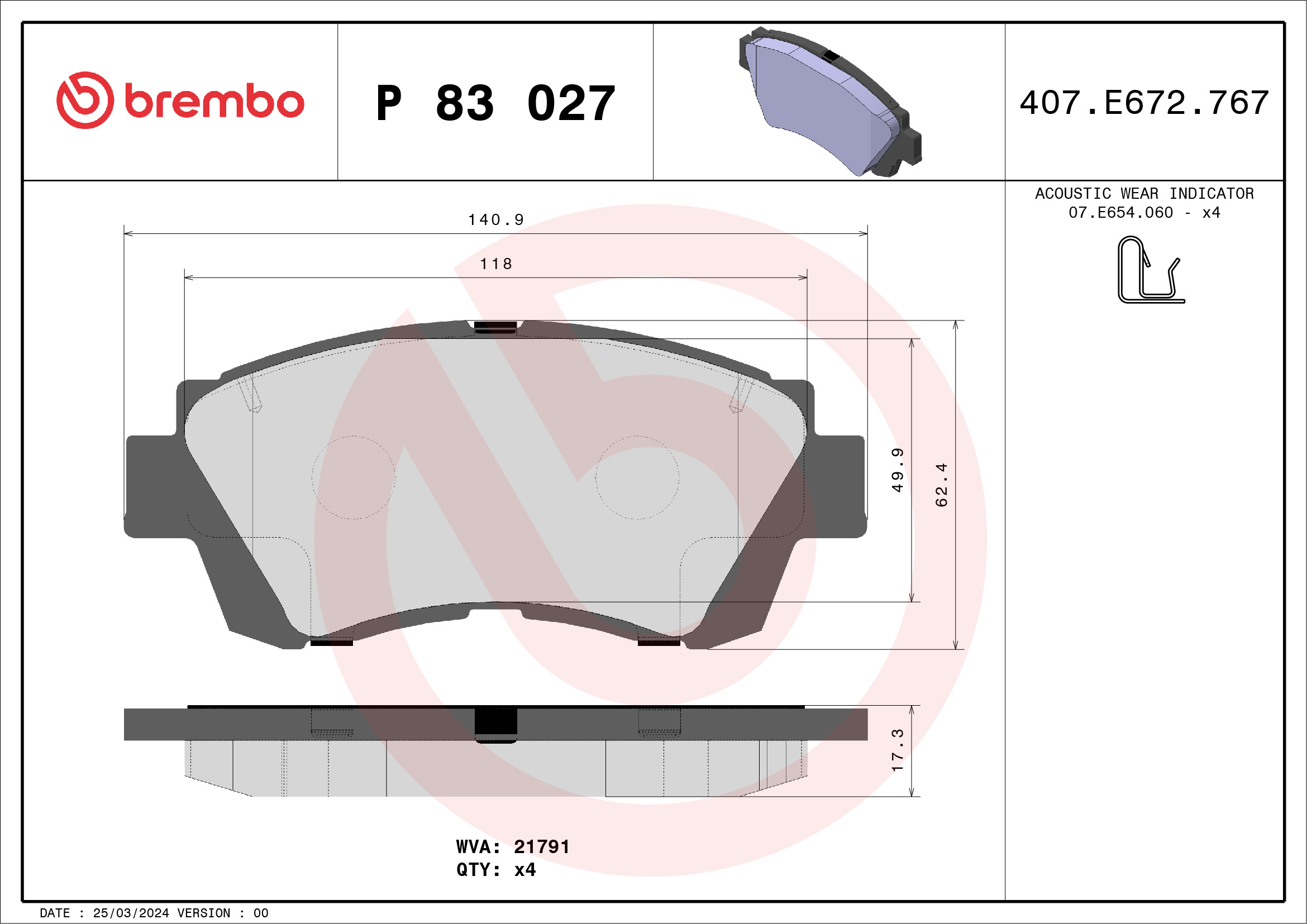 Jogo de 4 pastilhas de travão BREMBO ref. P 83 027
