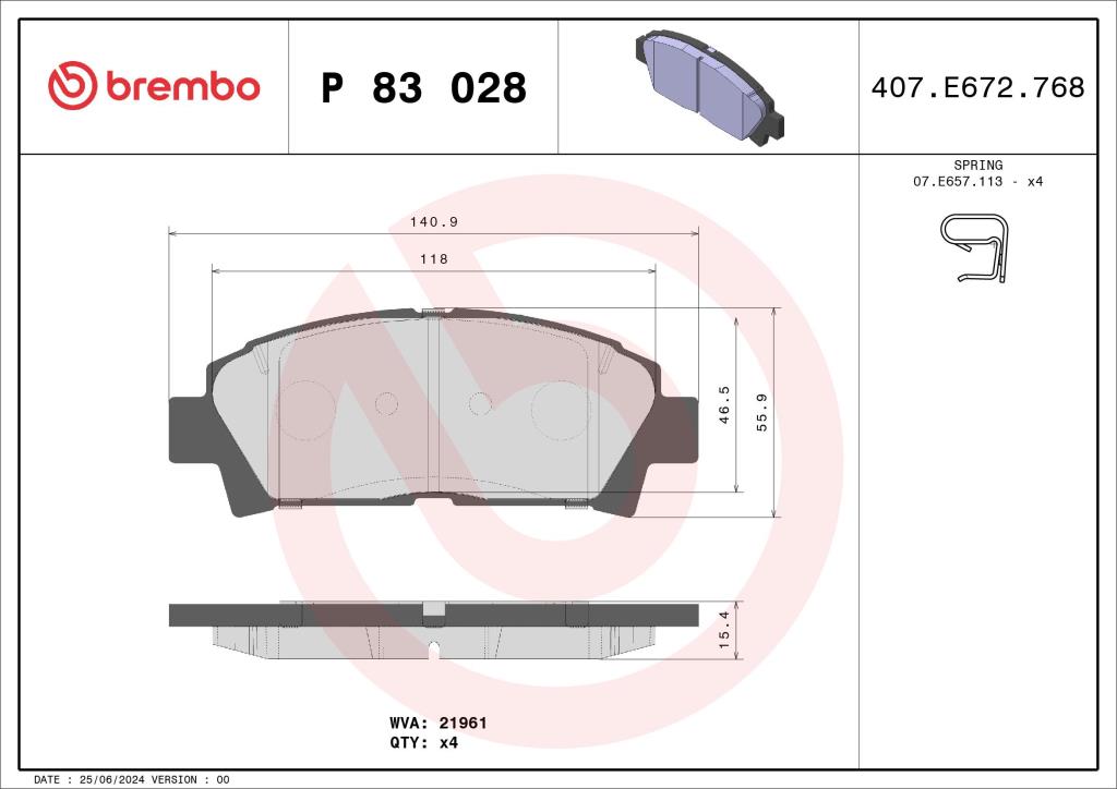 Jogo de 4 pastilhas de travão BREMBO ref. P 83 028