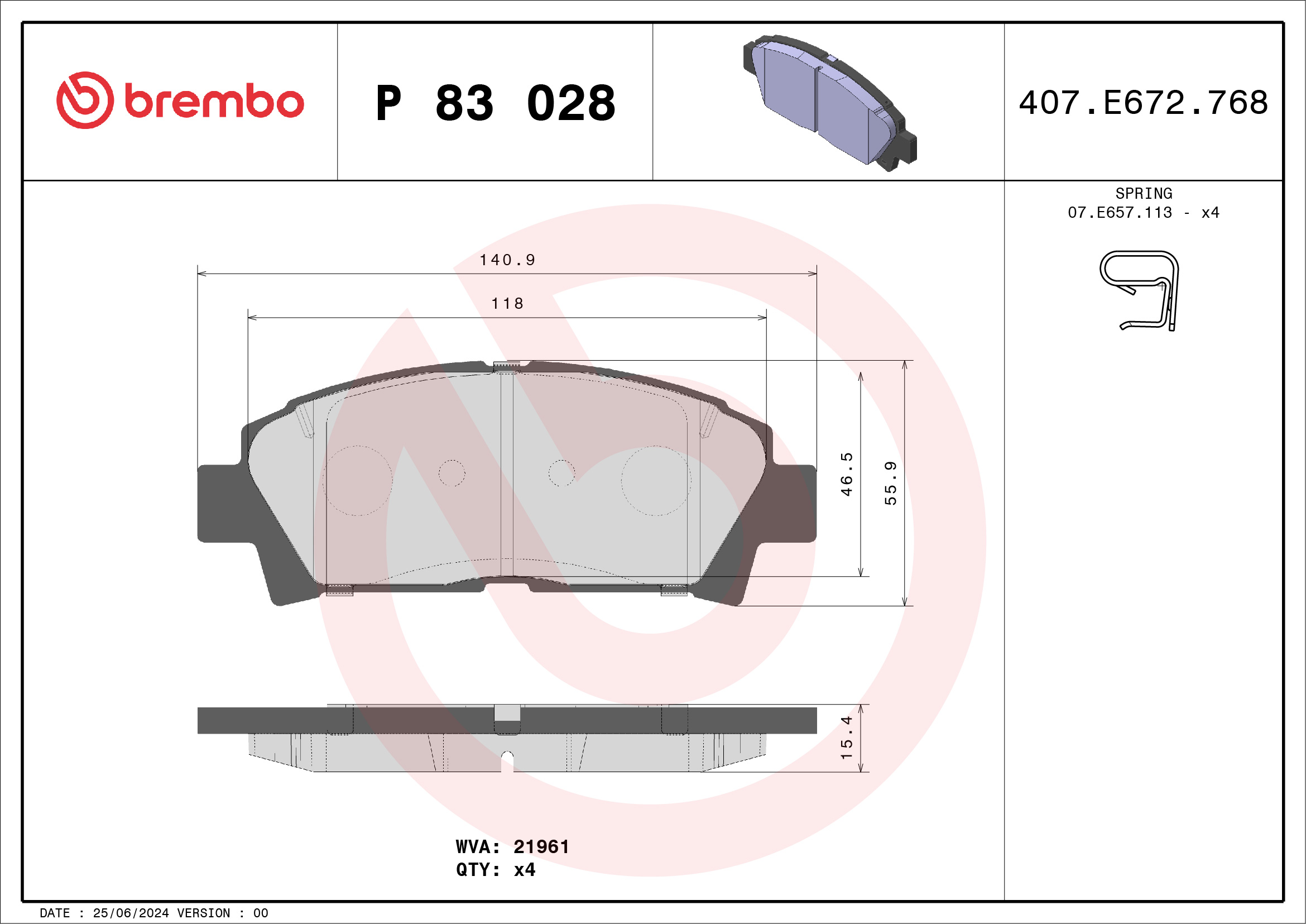Jogo de 4 pastilhas de travão BREMBO ref. P 83 028