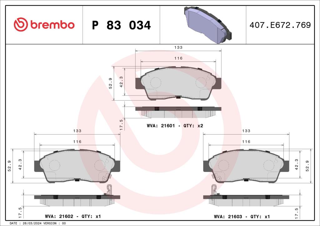 Jeu de 4 plaquettes de frein BREMBO ref. P 83 034