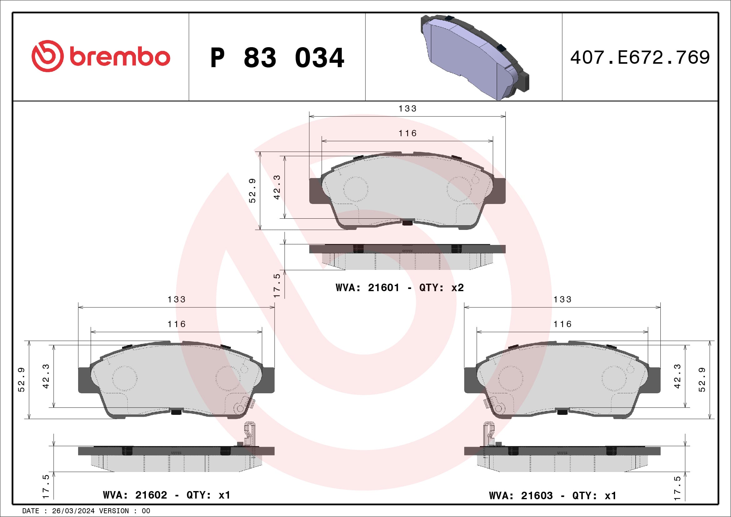 Jeu de 4 plaquettes de frein BREMBO ref. P 83 034