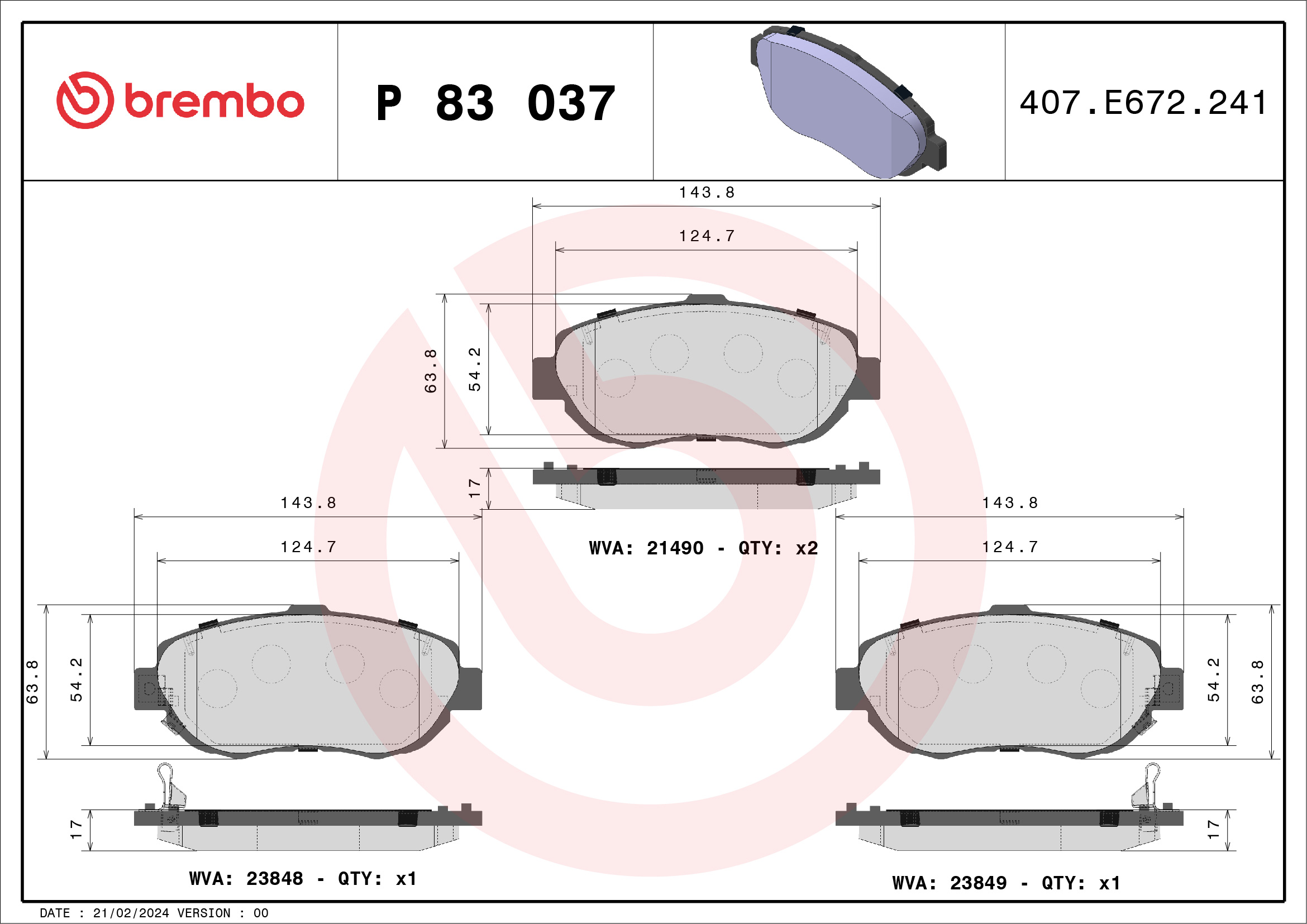Jogo de 4 pastilhas de travão BREMBO ref. P 83 037