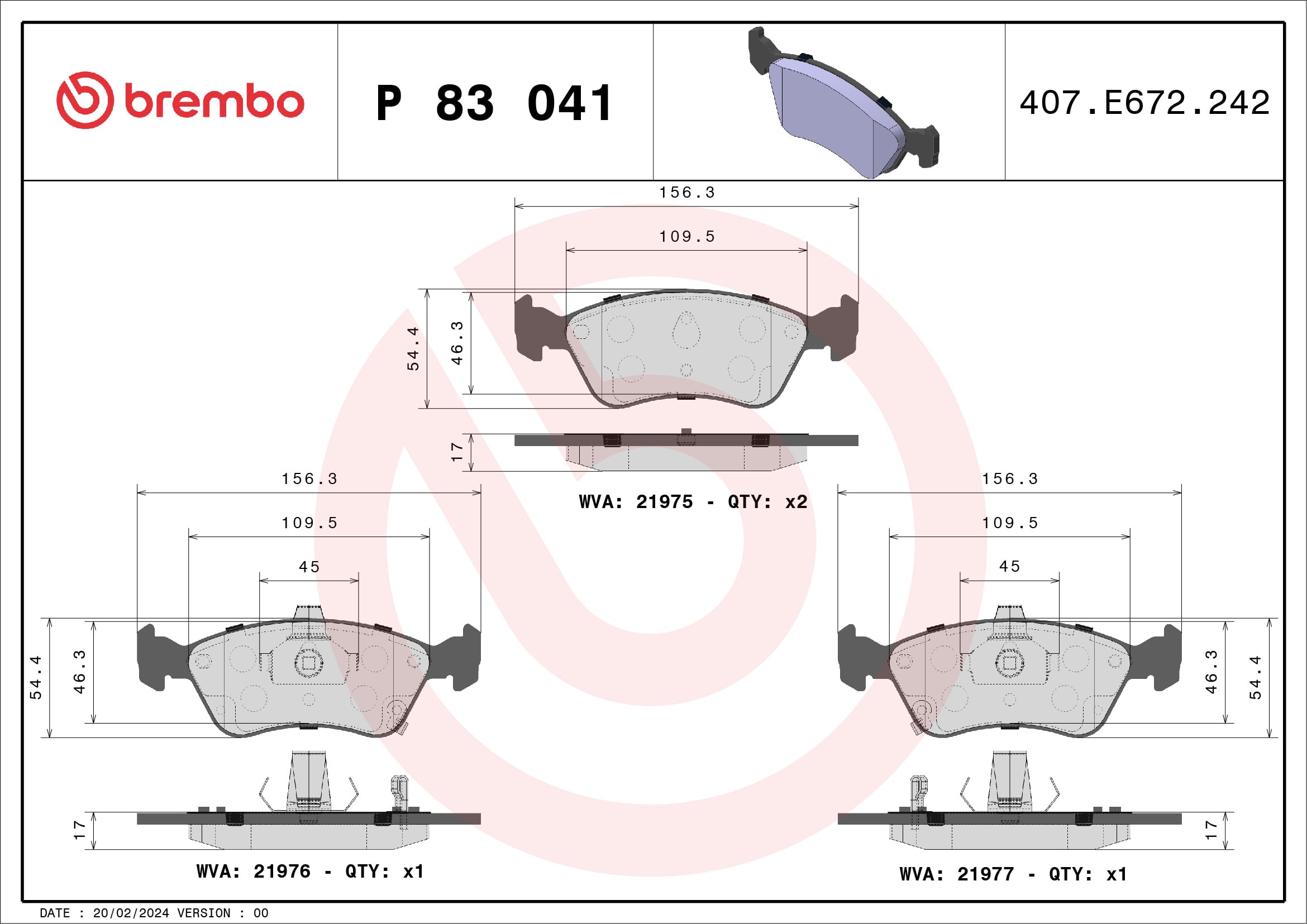 Jeu de 4 plaquettes de frein BREMBO ref. P 83 041