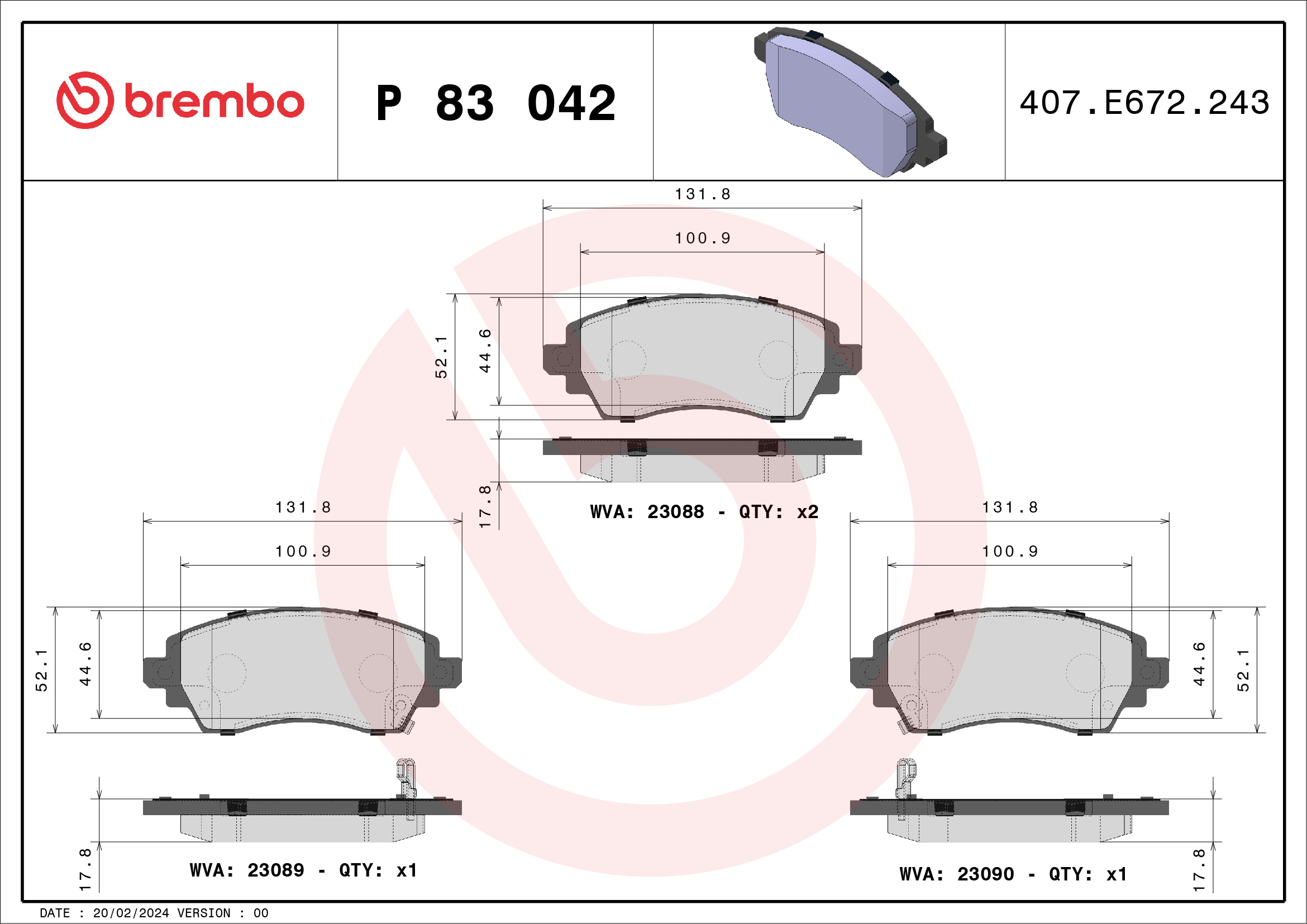 Jeu de 4 plaquettes de frein BREMBO ref. P 83 042