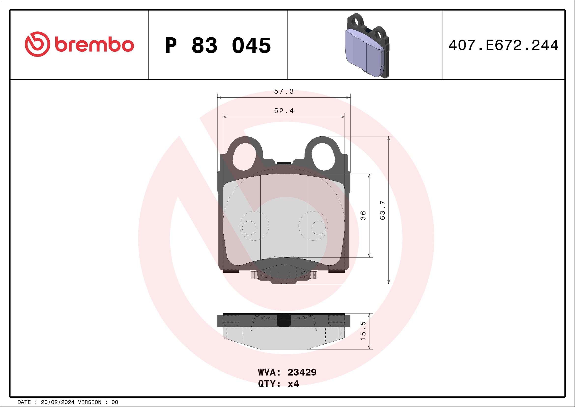 Jeu de 4 plaquettes de frein BREMBO ref. P 83 045