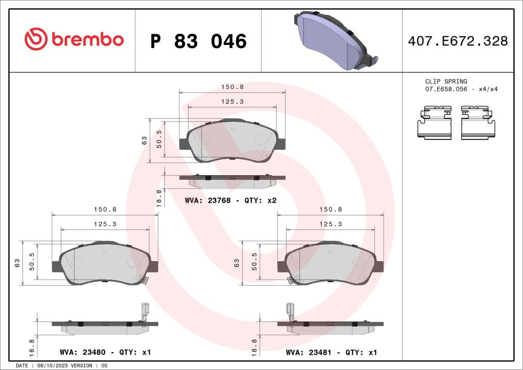Jogo de 4 pastilhas de travão BREMBO ref. P 83 046